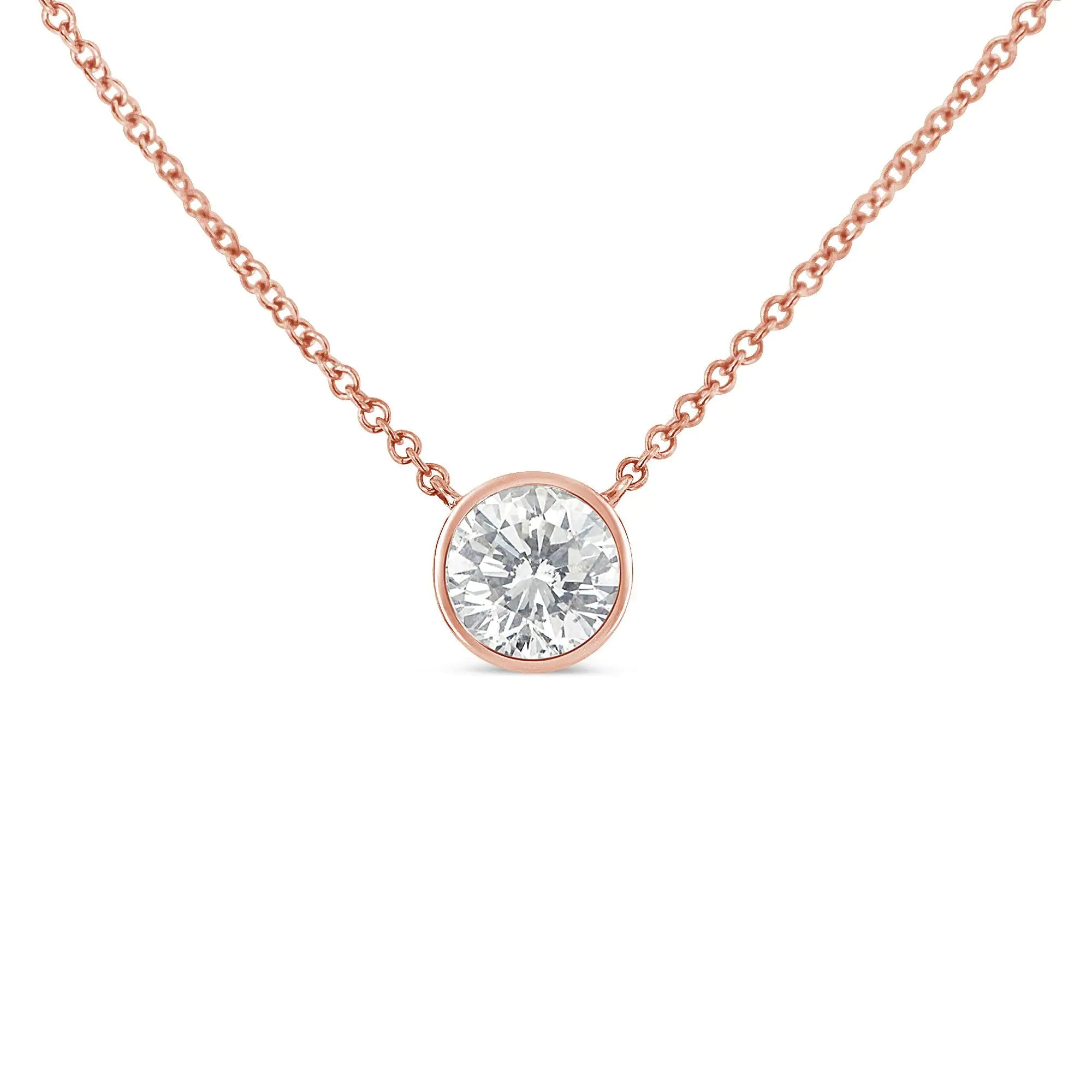 10K Rose Gold 1/5 Carat Round Brilliant-Cut Diamond Modern Bezel-Set Solitaire 16"-18" Pendant Necklace (H-I Color, SI2-I1 Clarity) - Evallys.com # #