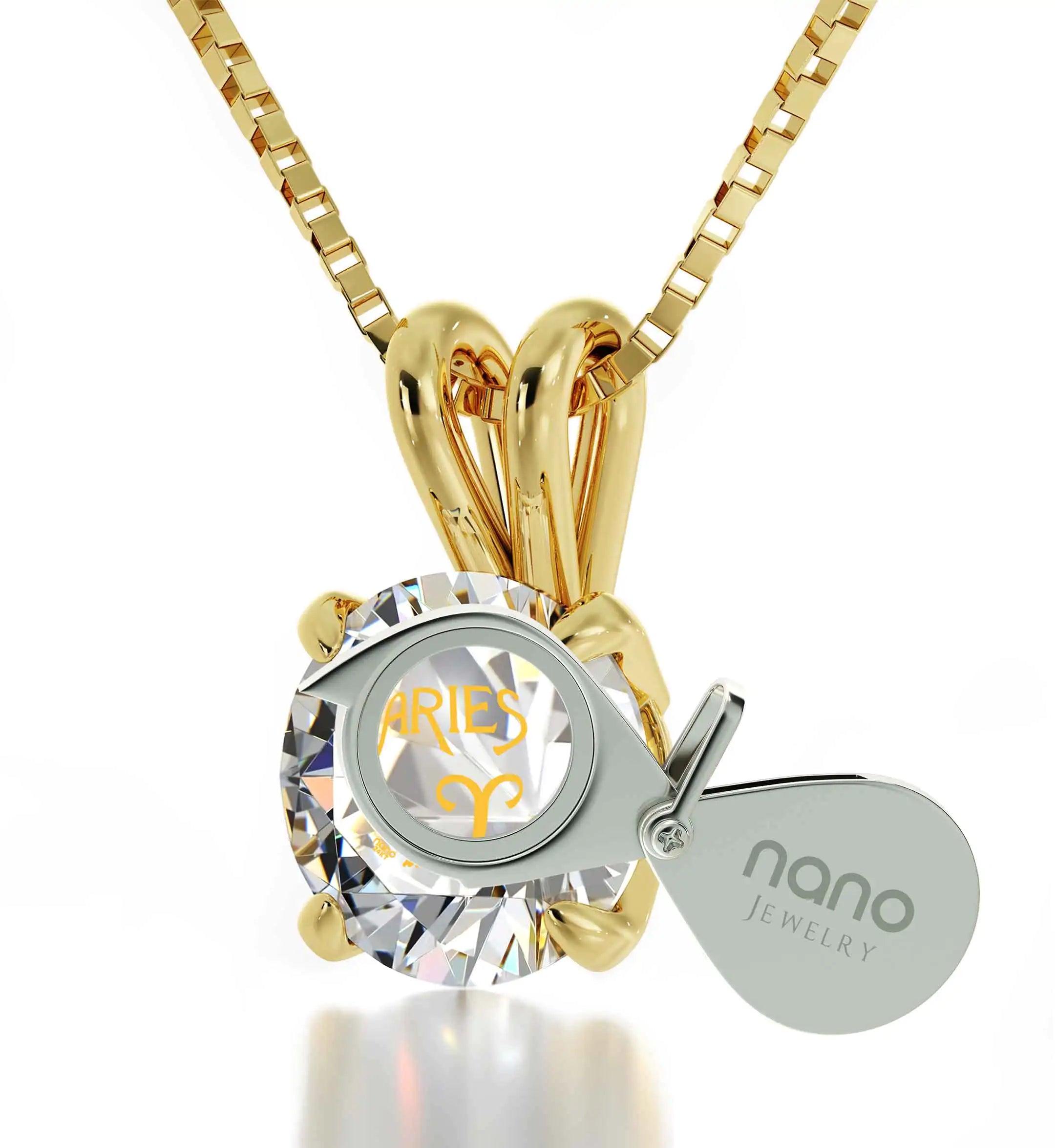 14k Yellow Gold Aries Necklace Zodiac Pendant 24k Gold inscribed on Crystal - Evallys.com # #