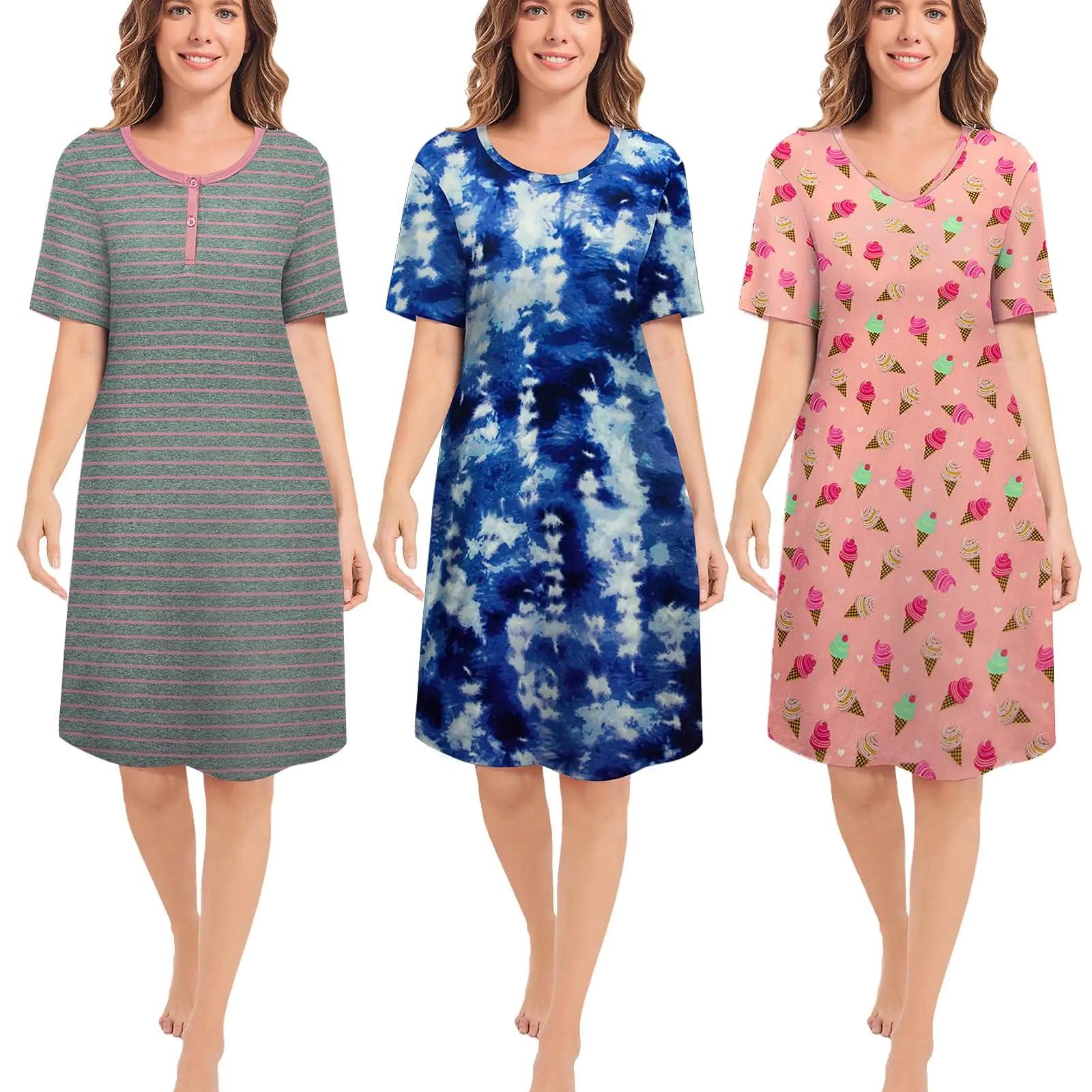 3 Pack Sleepshirts Women's Nightshirt Soft Nightgowns for Women Short Sleeve dress Sleepwear(S-3X) Plus 1X Set 3 - Evallys.com # #