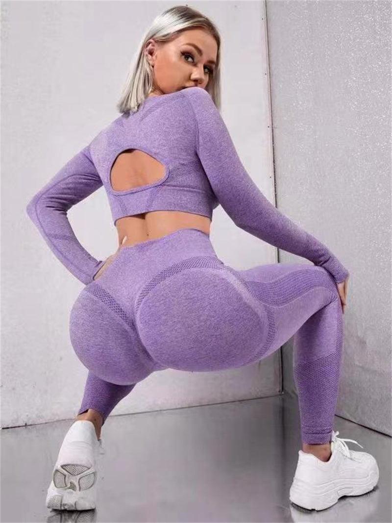 2Pcs Sports Suits Long Sleeve Hollow Design Tops and Butt Lifting High Waist Seamless Fitness Leggings Sports Gym Sportswear Outfits Clothing - Evallys.com # #