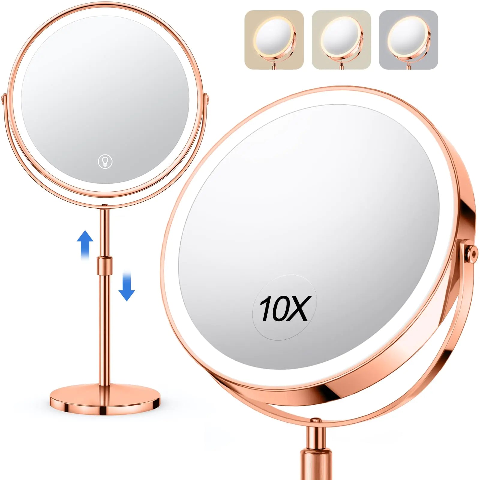 10X Large Lighted Makeup Mirror, Rechargeable 8" Height Adjustable Vanity Mirror, 1x/10x Magnifying Mirror with 3 Color, Brightness Adjustable, 360° Rotation Double Sided Mirror, Ideal Gift(Rose Gold) Rose Gold - Evallys.com # #