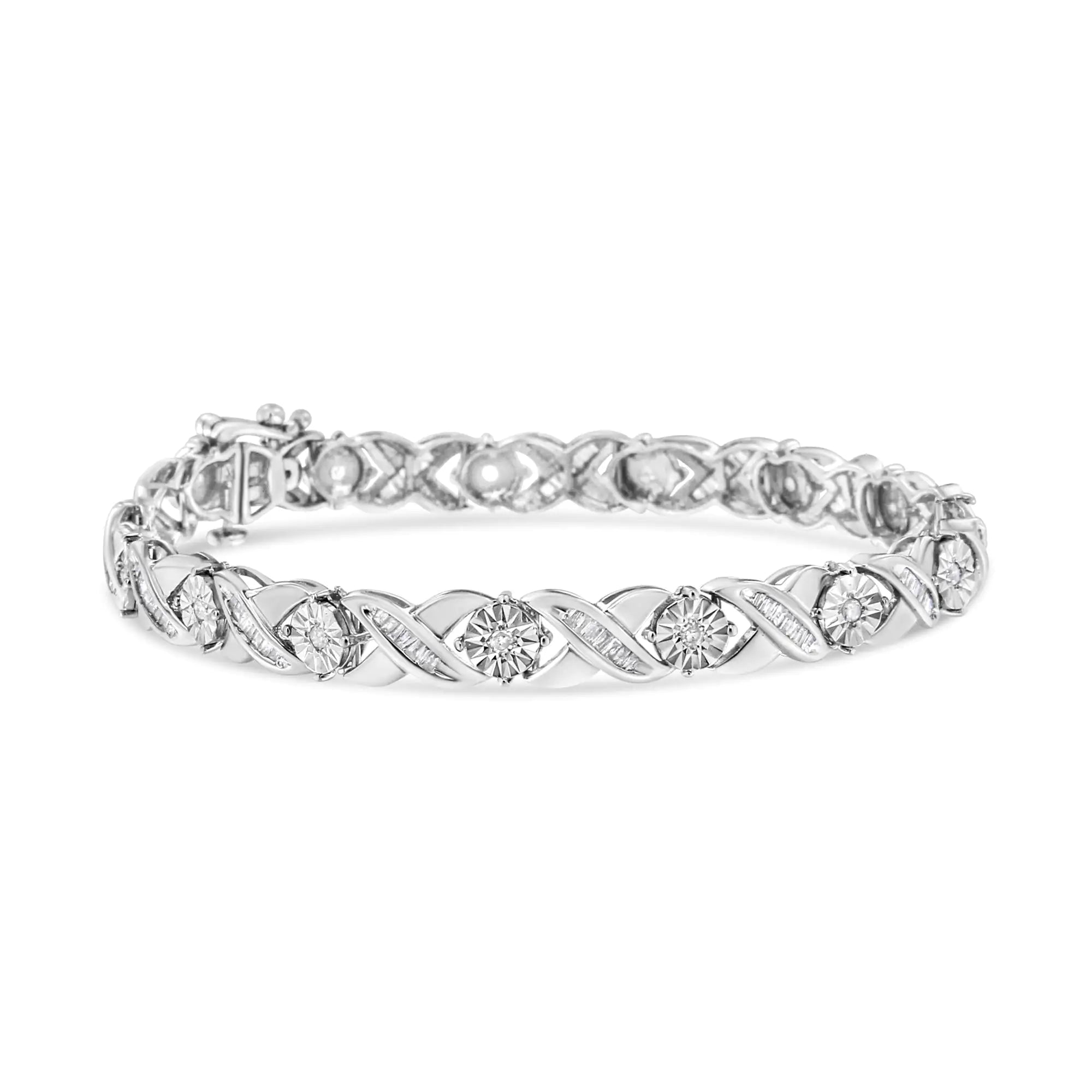 .925 Sterling Silver 1.0 Cttw Round-Brilliant and Baguette Cut Diamond Miracle-Set X-Link 7" Tennis Bracelet (I-J Color, I2-I3 Clarity) - Evallys.com # #