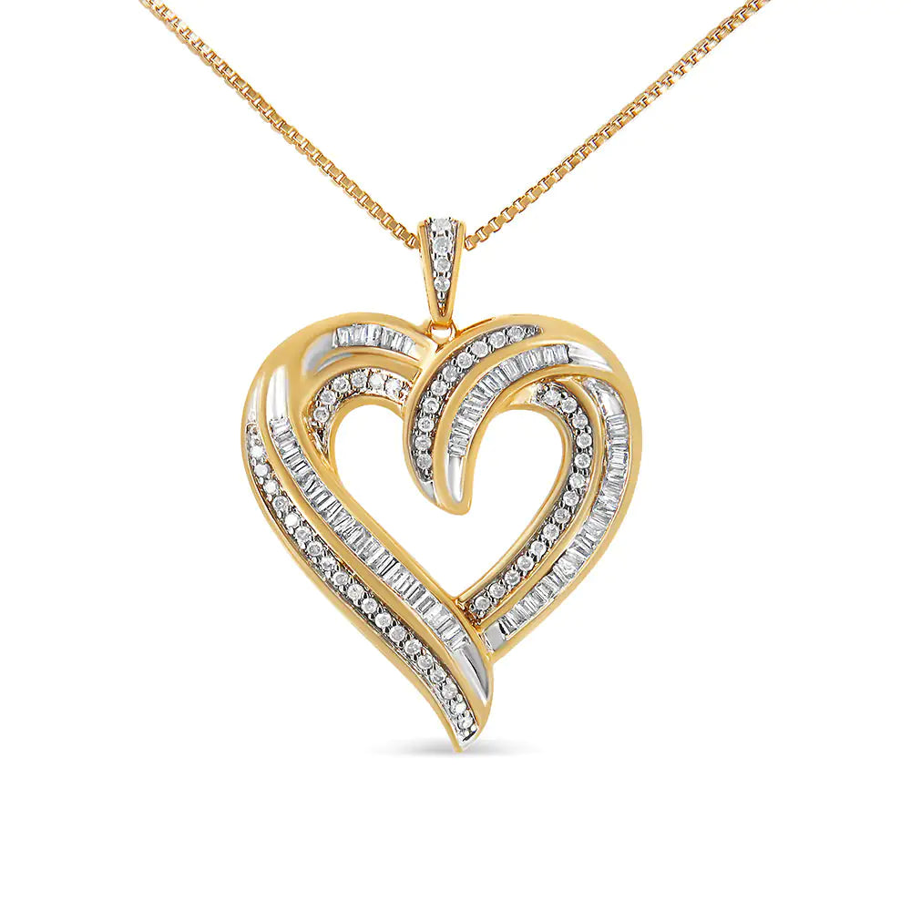 .925 Sterling Silver 3/4 Cttw Round and Baguette-Cut Diamond Open Heart 18" Pendant Necklace (I-J Color, I2-I3 Clarity) - Evallys.com # #