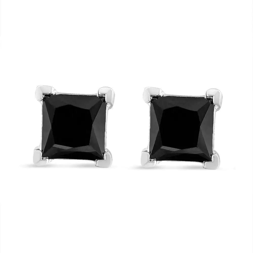 14K White Gold Princess-Cut Treated Black Diamond Classic 4-Prong Stud Earrings - Pushback - Evallys.com # #