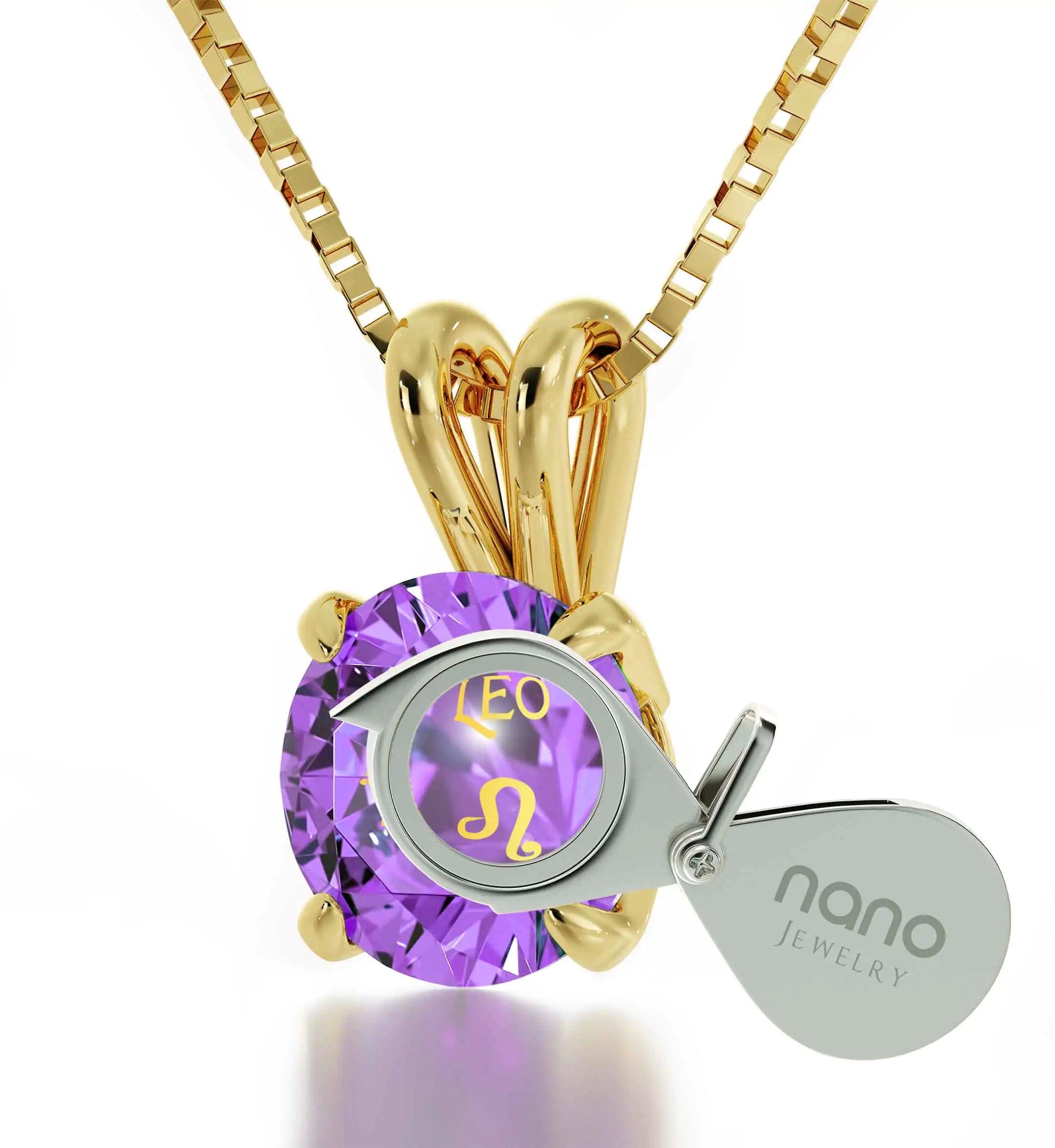 14k Yellow Gold Leo Necklace Zodiac Pendant 24k Gold Inscribed on Crystal - Evallys.com # #