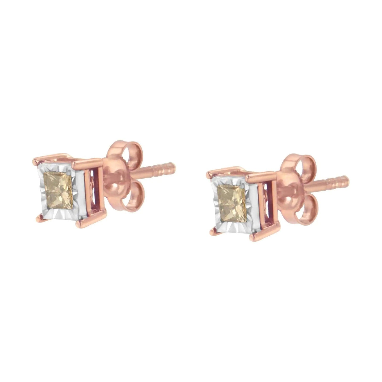 14K Rose Gold Plated Two-Tone .925 Sterling Silver 1/2 Cttw Princess-Cut Square Diamond Solitaire Miracle-Plate Stud Earrings (K-L Color, I2-I3 Clarity) - Evallys.com # #