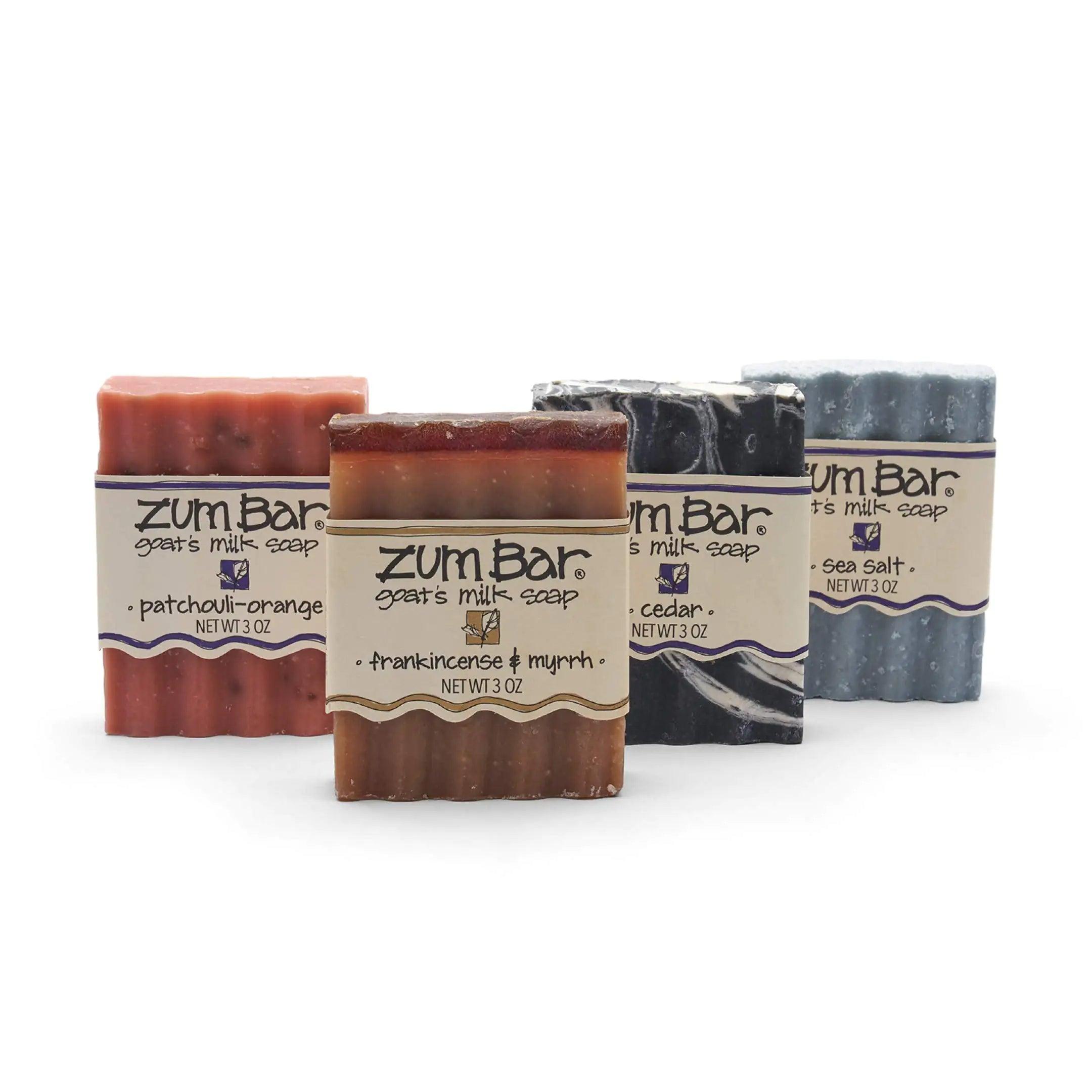 Zum Bar Goat's Milk Soap - Earth and Sea Blends - Frankincense and Myrrh, Sea Salt, Patchouli-Orange, Cedar - 3 oz (4 Pack) Frankincense Myrrh Sea Salt Patchouli-Orange Cedar 3 Ounce (Pack of 4) - Evallys.com # #