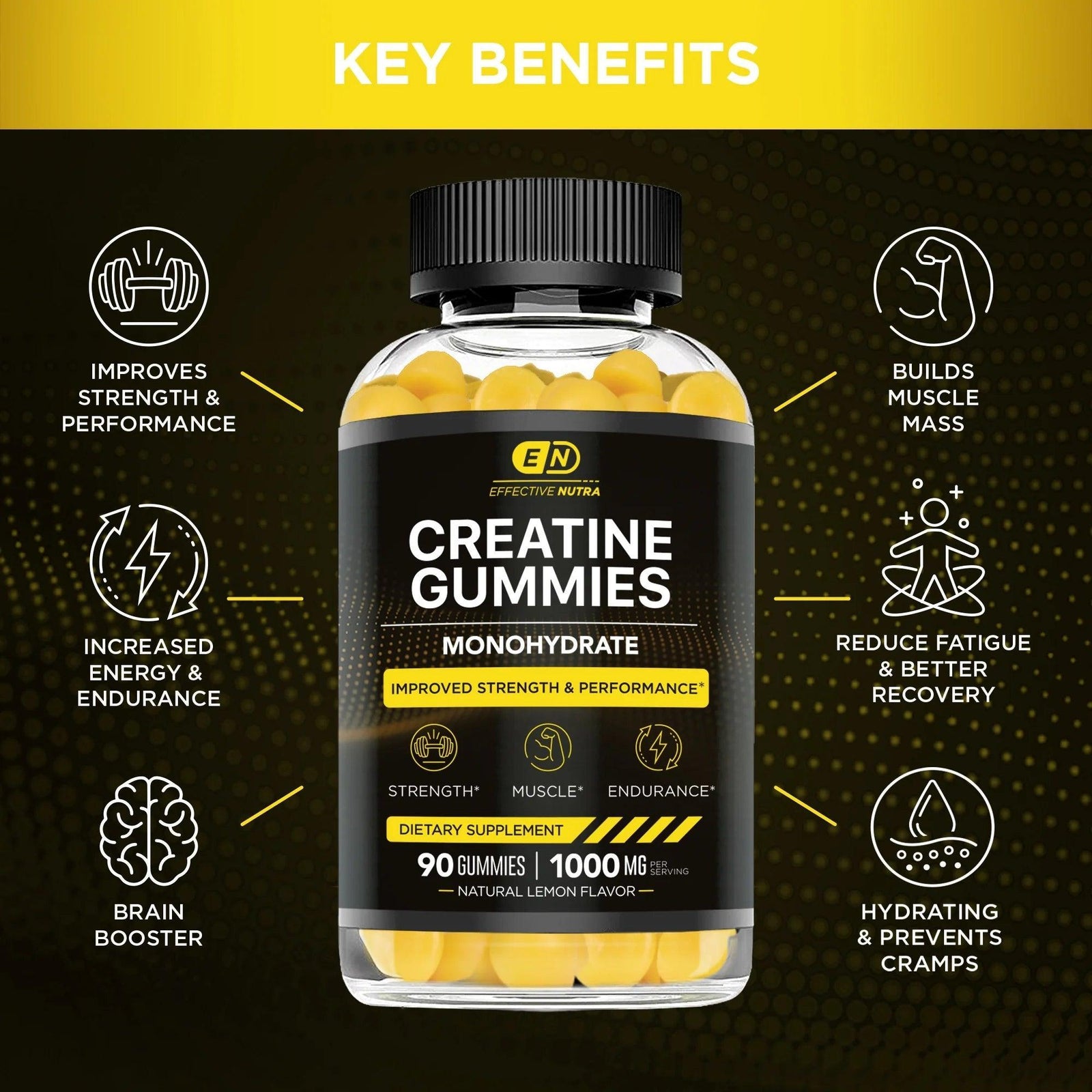 Effective Nutra Creatine Gummies for Men & Women - Creatine Monohydrate Gummies for Strength, Muscle, Energy - Natural Lemon Flavor (90Ct) - Evallys.com # #