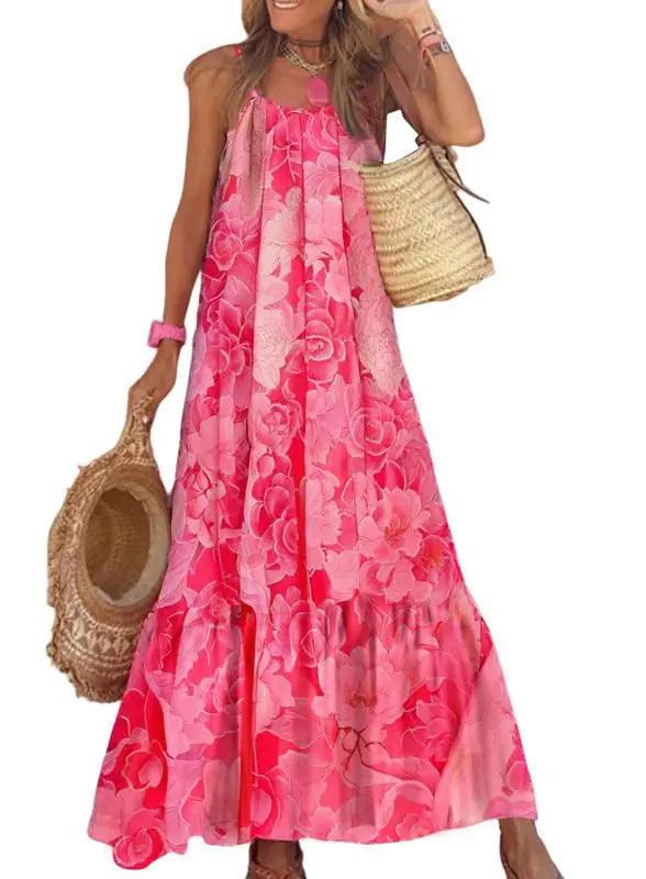 Dokotoo Women Summer Dresses 2024 Spaghetti Strap Scoop Neck Smocked Ruffle Flowy Boho Maxi Dress Small Rose - Evallys.com