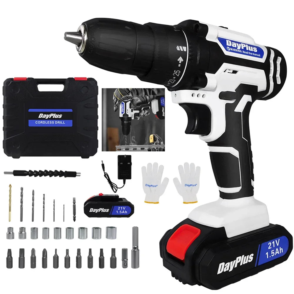 21V Portable Cordless Power Drill Set Impact Screw Driver with 1500mAh Li-Ion Rechargeable Battery 25+1 Torque Setting 45N.m - Evallys.com