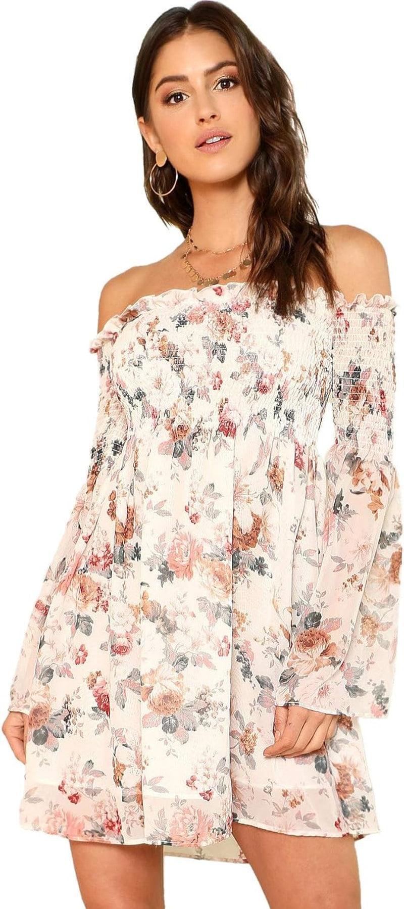Romwe Women'S Casual Floral Print off Shoulder Trumpet Sleeve Swing Dress - Evallys.com # #