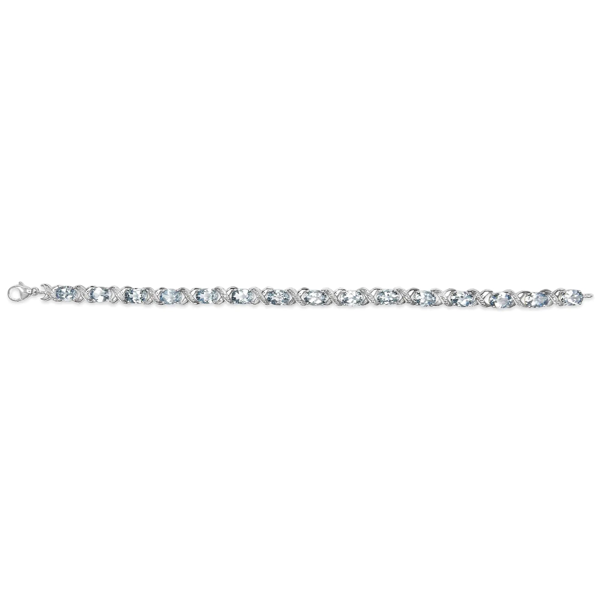 .925 Sterling Silver 16.0 Cttw Oval Blue Topaz and Diamond Accent Tennis X Link Bracelet (I-J Color, I1-I2 Clarity) - Size 7" Inch - Evallys.com # #