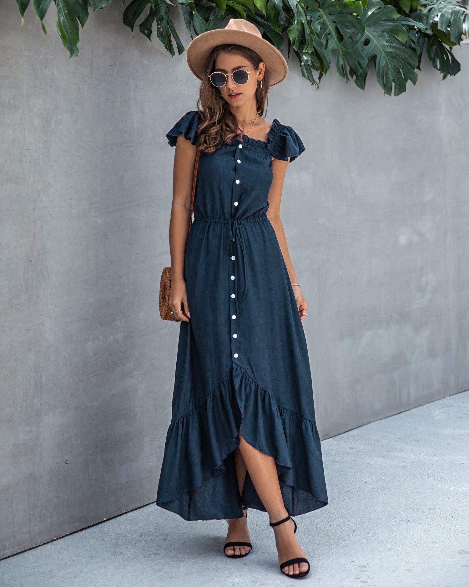 Irregular ruffled female dress with one-line collar tether - Evallys.com # #