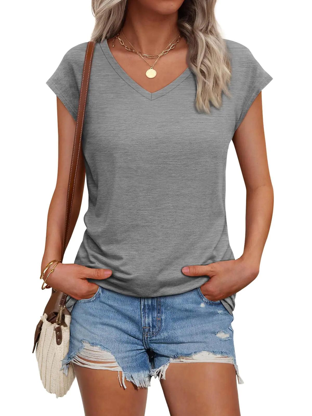 AUTOMET Womens V Neck Tshirts Cap Sleeve Casual Tops Oversized Cute T Shirts Summer Clothes Trendy Basics Tees Clothing X-Large Grey - Evallys.com # #