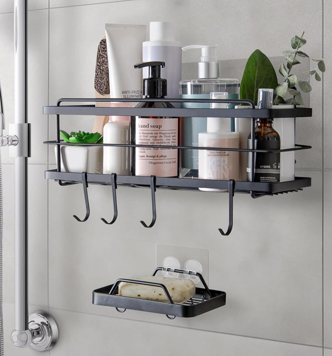 KINCMAX Premium Shower Caddy - Self Adhesive Shower Organizer W/Hooks, Drill-Free Shower Shelves for inside Shower, Rustproof Stainless Steel Shower Rack for Bathroom, Matte Black - Evallys.com # #