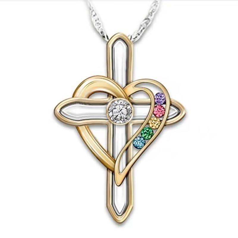 Cross Love Colorful Imitatio Gemstone Pendant Alloy Clavicle Chain - Evallys.com # #