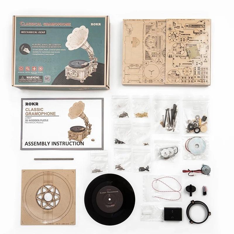 Robotime ROKR DIY Hand Crank Classic Gramophone Wooden Puzzle Model Building Kits Assembly Toy Gift For Children LKB01 - Evallys.com # #