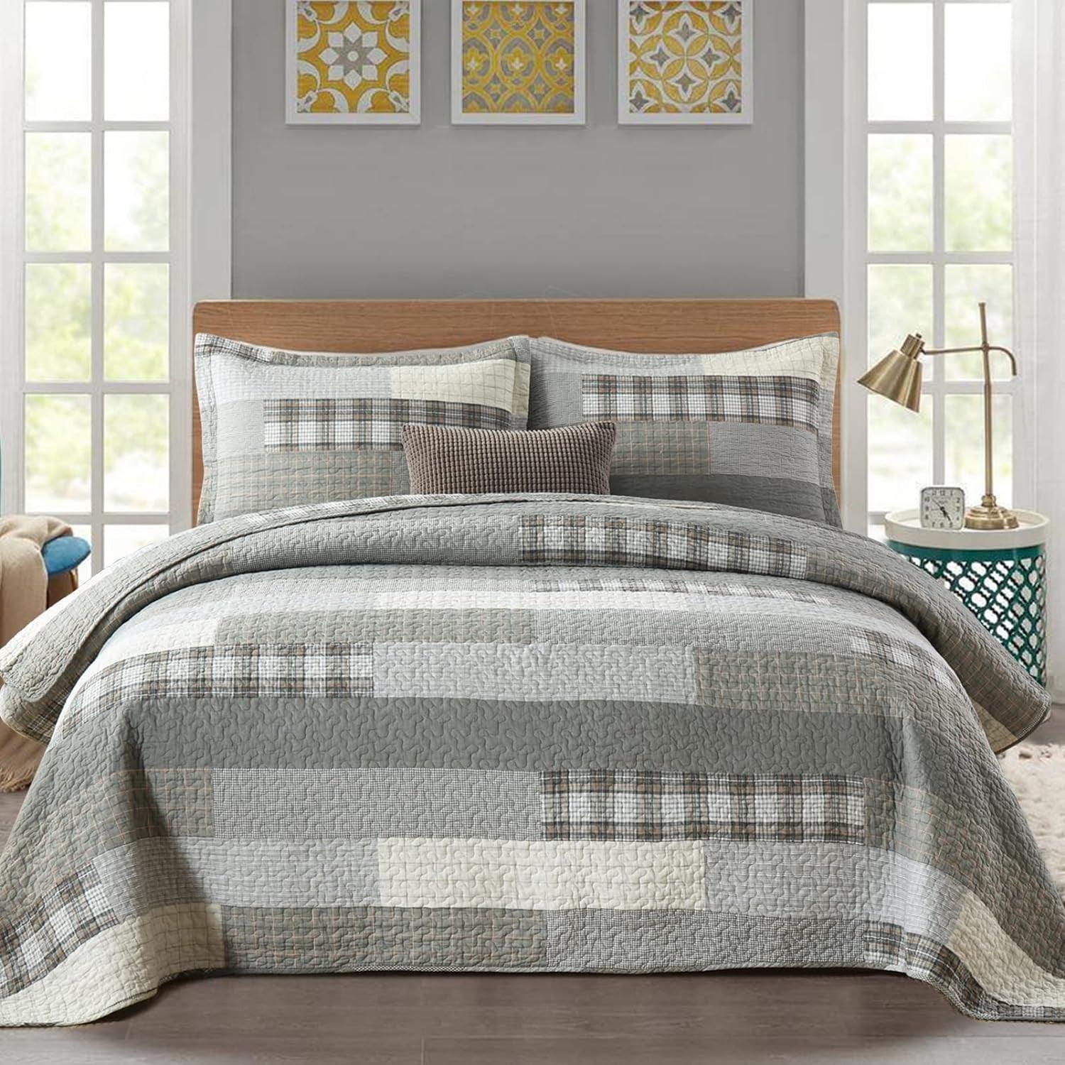 Y-PLWOMEN Quilt 100% Cotton King Size Quilt Set, Brown Khaki Black White Patchwork Plaid Bedspread, Lightweight Reversible Soft Summer Quilt Bedding Set, 3-Pieces - Evallys.com # #