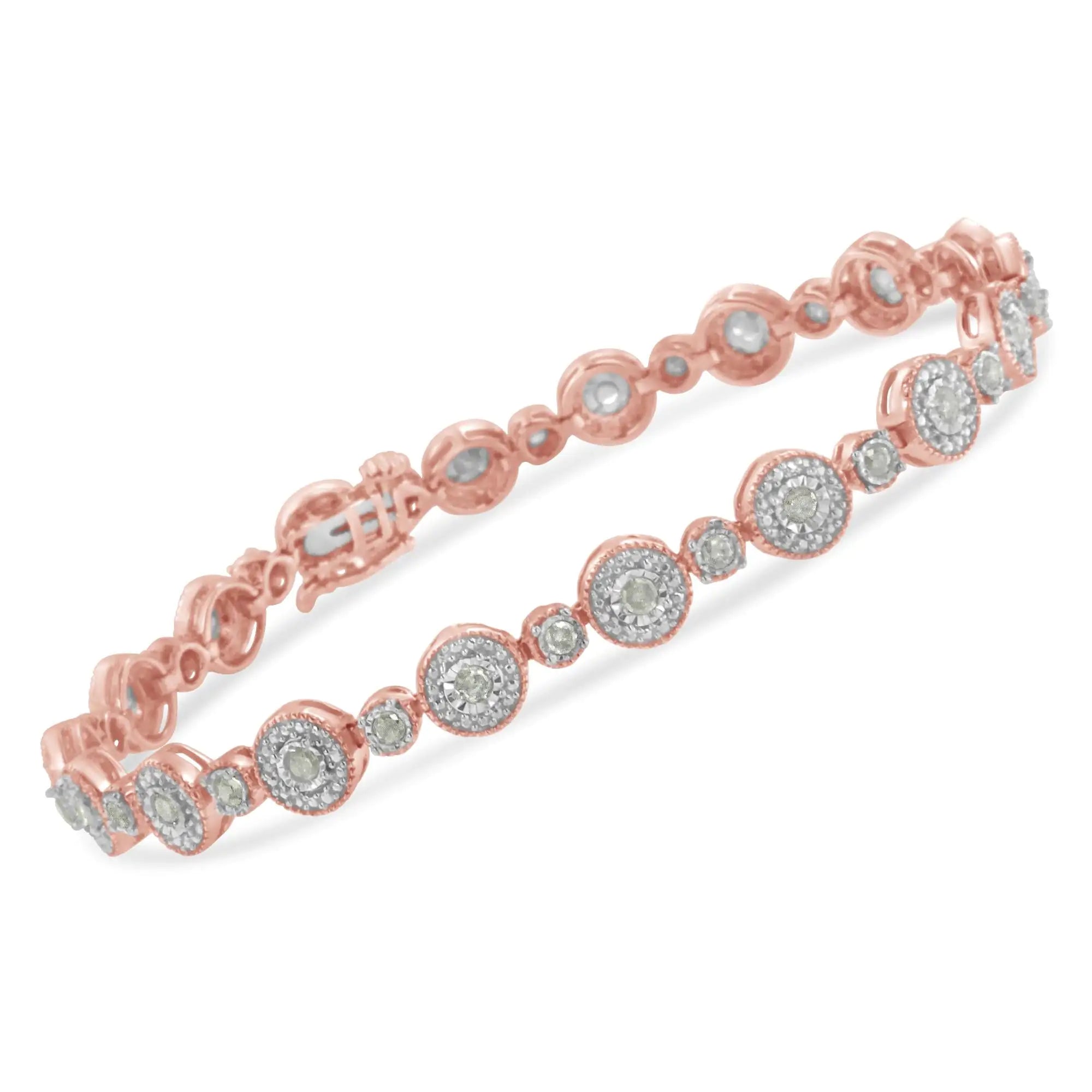 10k Rose Gold Plated .925 Sterling Silver 1 1/3 cttw Miracle Plate Set Diamond Alternating Link Bracelet (I-J Color, I3 Clarity) -7" - Evallys.com # #