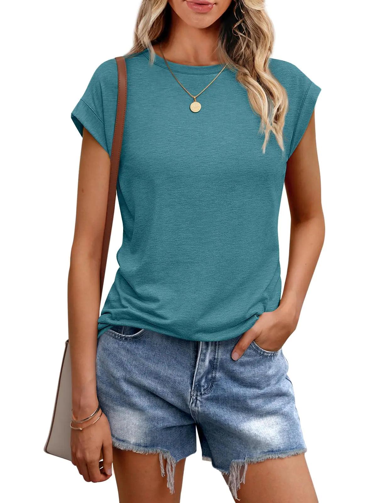 AUTOMET Womens Tops Casual Dressy Basic T Shirts Loose Fit Crewneck Cap Sleeve Tee Summer Outfits 2024 Bluegreen XX-Large - Evallys.com # #