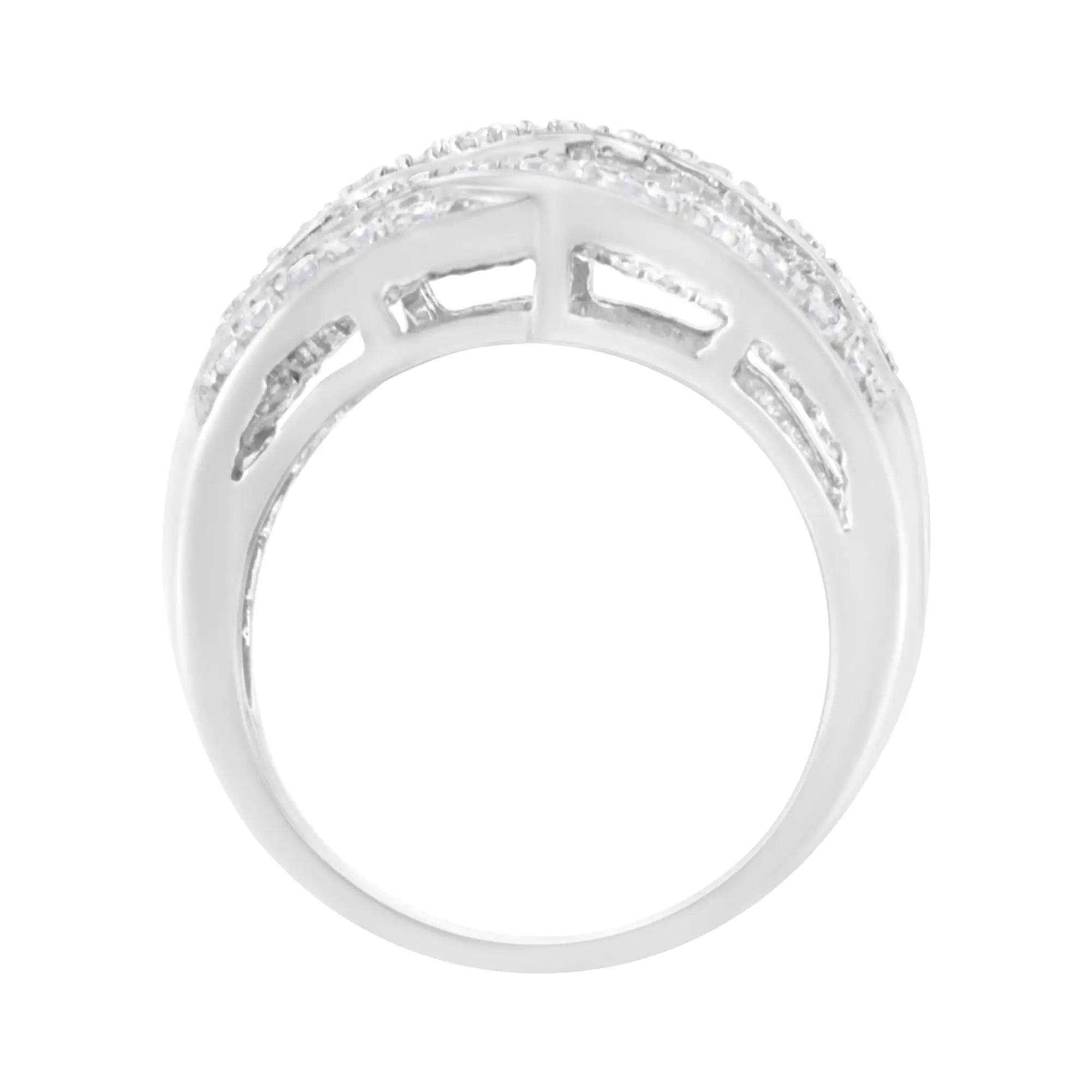 .925 Sterling Silver 1.0 Cttw Channel Set Alternating Round and Baguette Diamond Cross-over Bypass Ring Band (I-J Color, I2-I3 Clarity) - Evallys.com # #