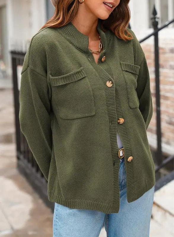 Dokotoo Womens Fashion Cardigan Sweaters Casual Open Front Long Sleeve Button Down Knit Outwear Stand Collar Fall Sweaters Large Green - Evallys.com # #