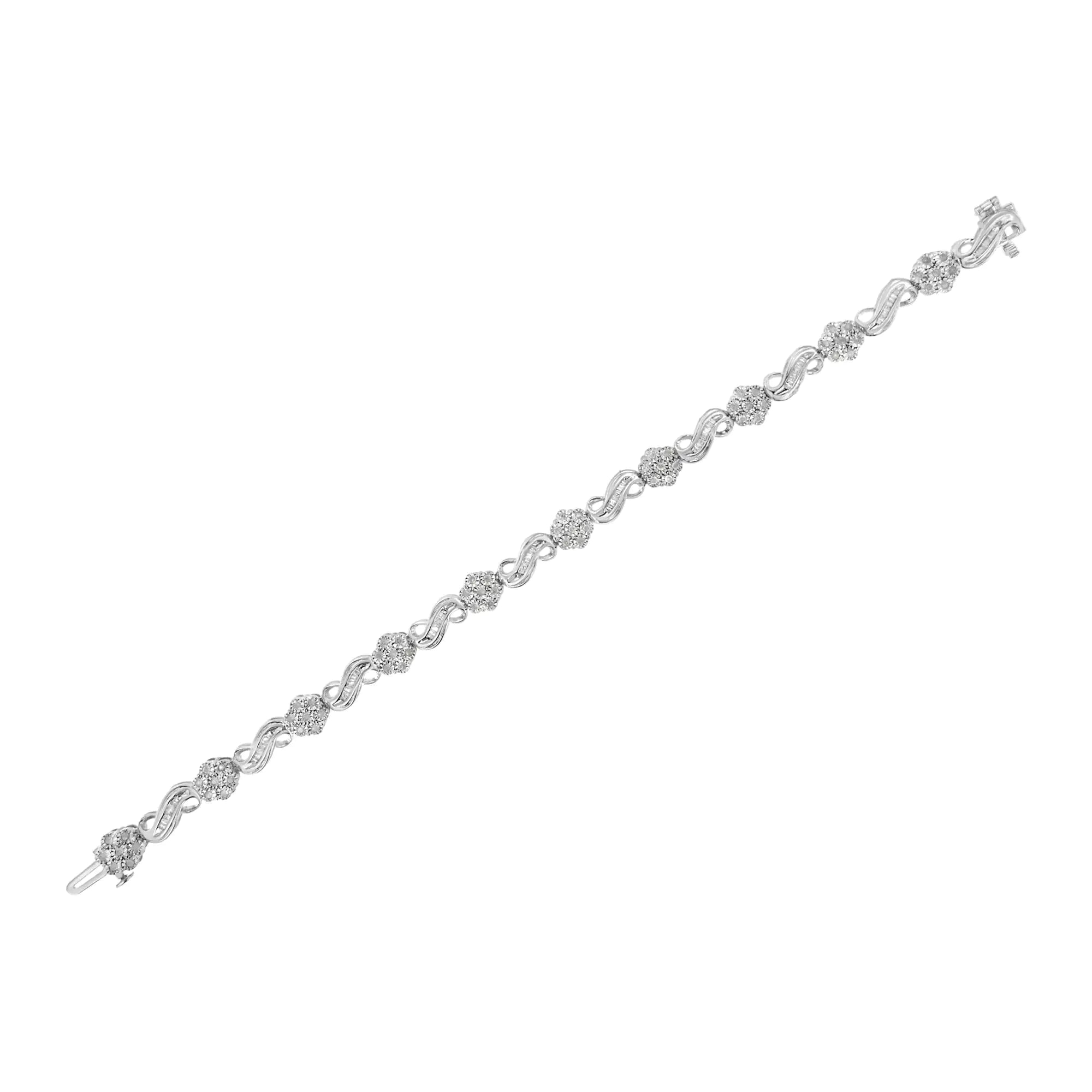 .925 Sterling Silver 1.0 Cttw Miracle and Channel Set Diamond Floral Cluster and Link Bracelet (I-J Color, I3 Clarity) - 7.25" - Evallys.com # #