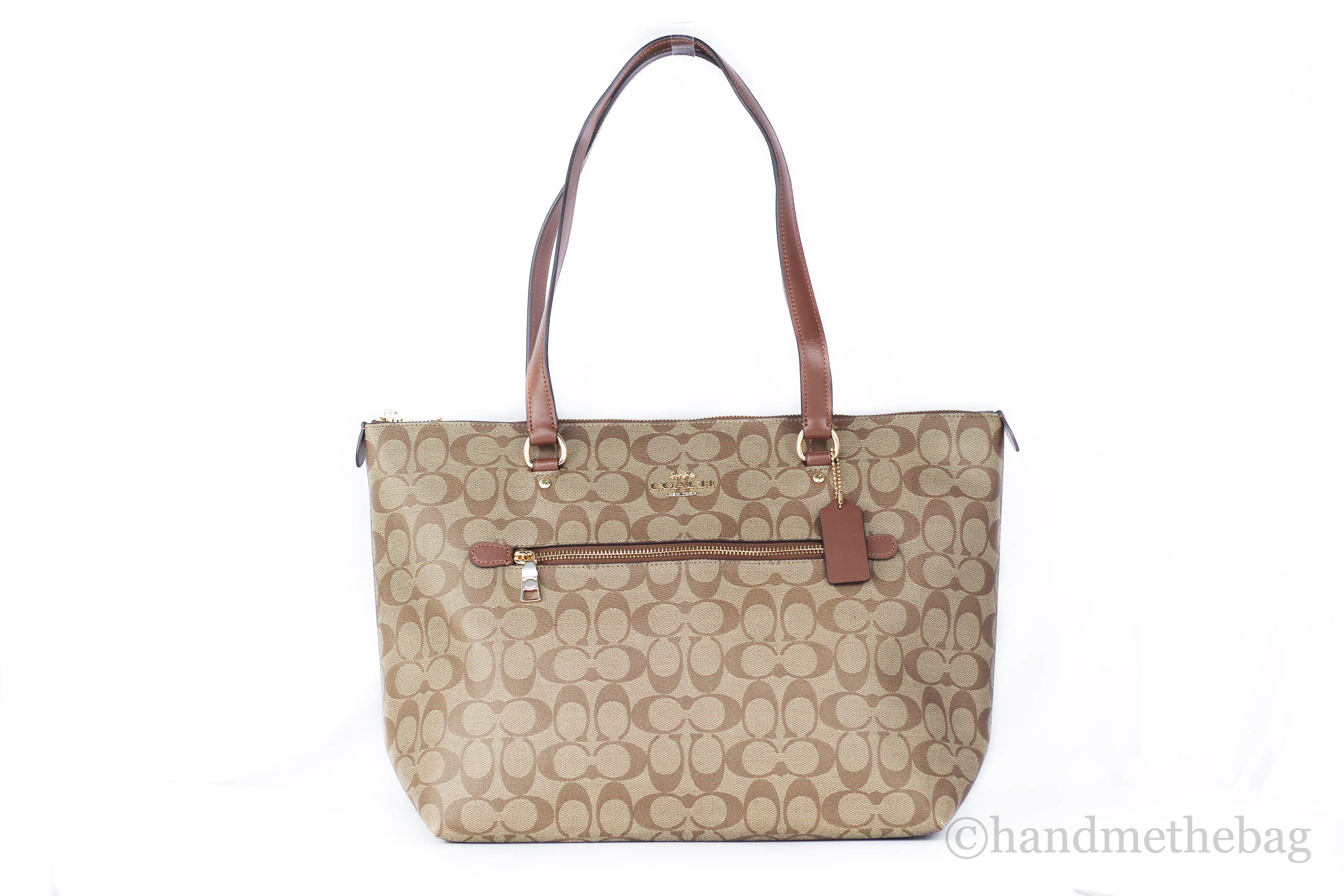 Coach Signature Coated Canvas Leather Khaki Saddle Gallery Tote - Evallys.com # #