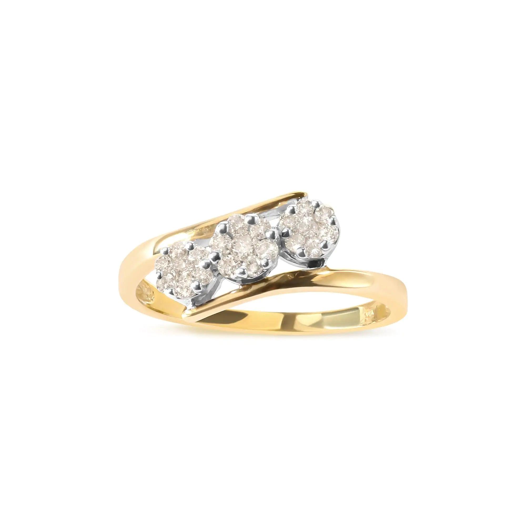 10K Yellow Gold 1/4 Cttw Diamond Cluster 3 Stone Style Bypass Ring (I-J Color, I1-I2 Clarity) - Evallys.com # #