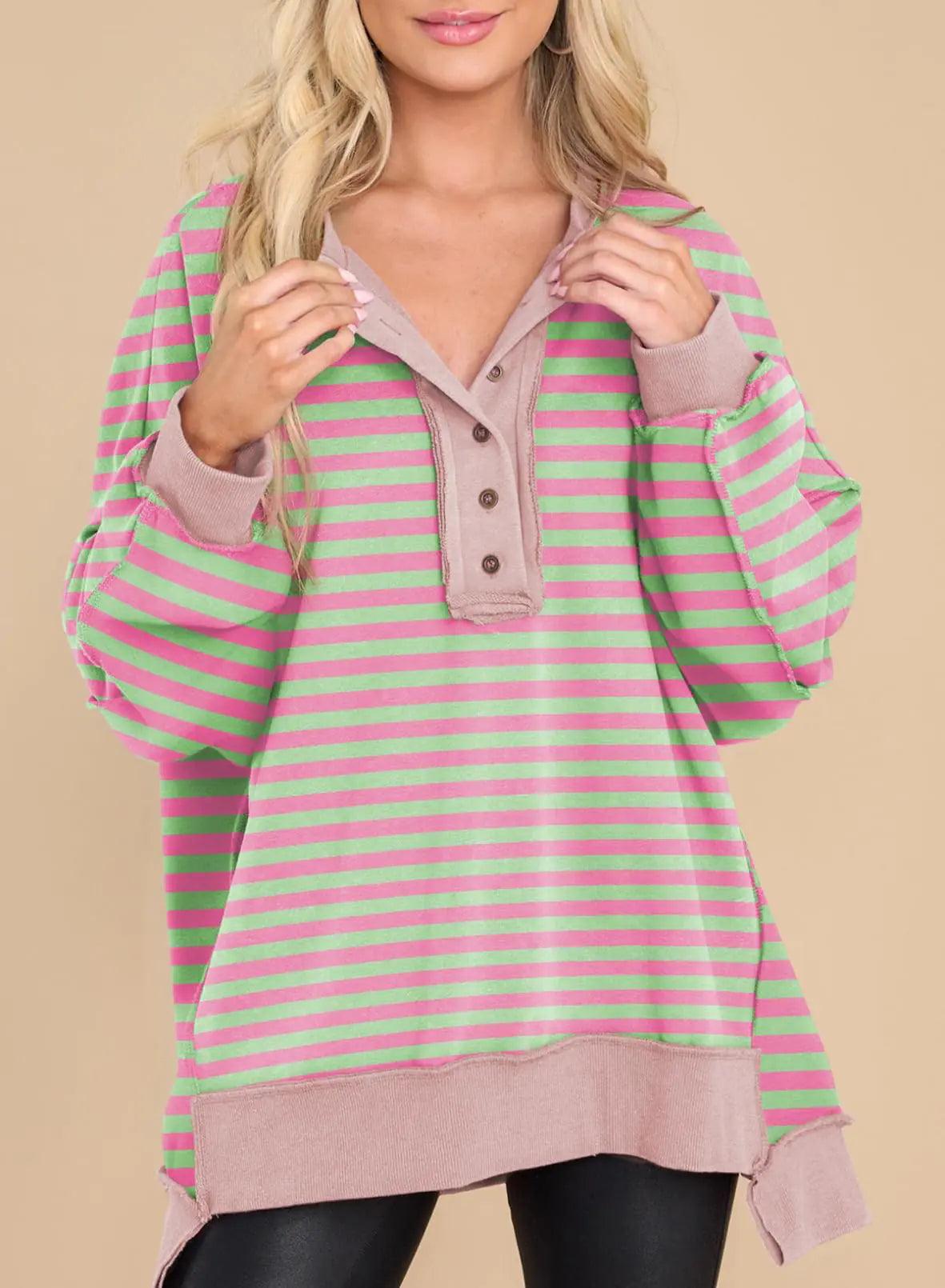 AlvaQ Women's Oversized Sweatshirt Casual Long Sleeve Button Henley Neck Pullover Tunic Tops Outfits Small Striped Pink - Evallys.com # #