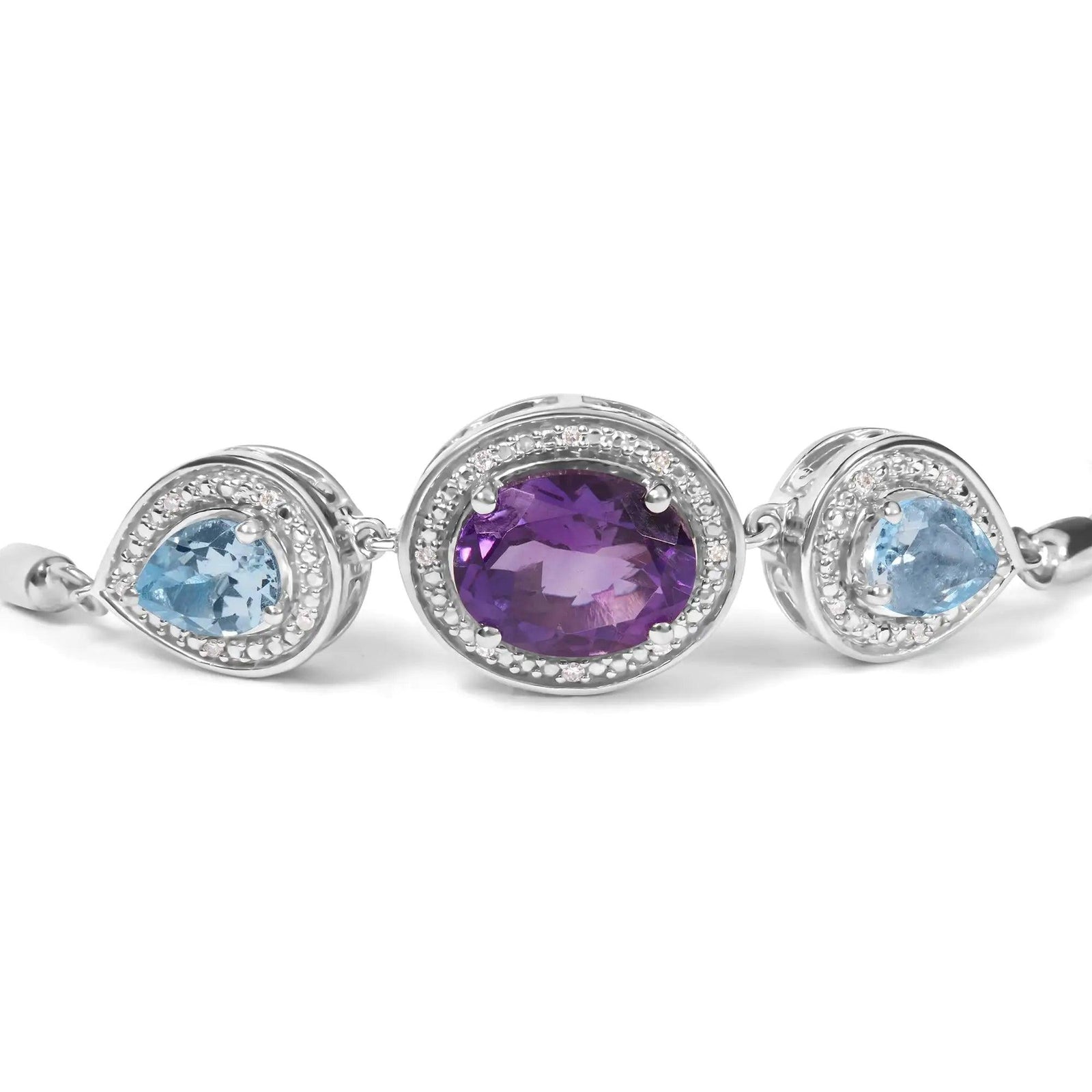 .925 Sterling Silver Oval Amethyst and Pear Blue Topaz with Diamond Accent Lariat 4”-10” Adjustable Bolo Bracelet (H-I Color, SI1-SI2 Clarity) - Evallys.com # #