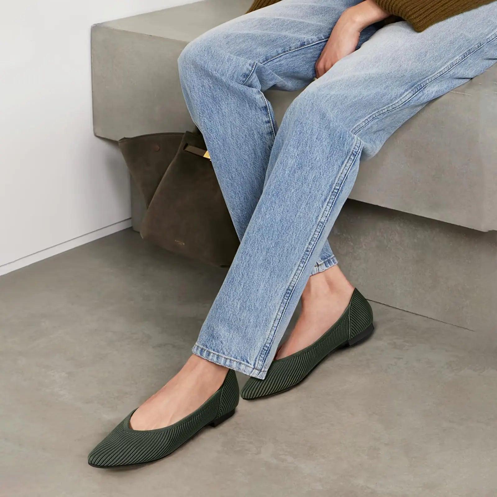 Women's Flats Shoes Pointed Toe Knit Ballet Comfortable Dressy Slip On Flat 8 Green - Evallys.com # #