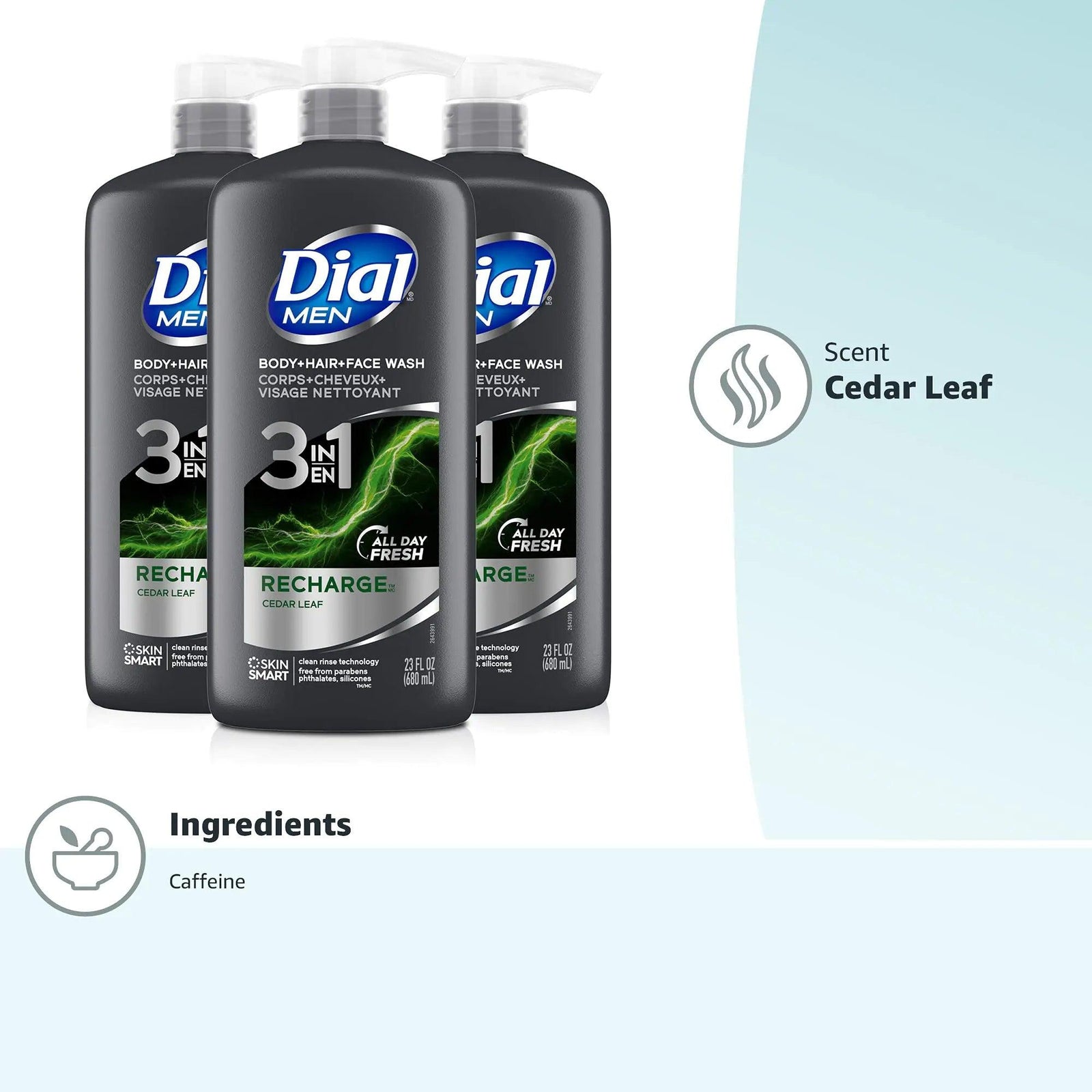 Dial Men 3in1 Body, Hair and Face Wash, Recharge, 69 fl oz (3-23 fl oz Bottles) 23 Fl Oz (Pack of 3) - Evallys.com # #