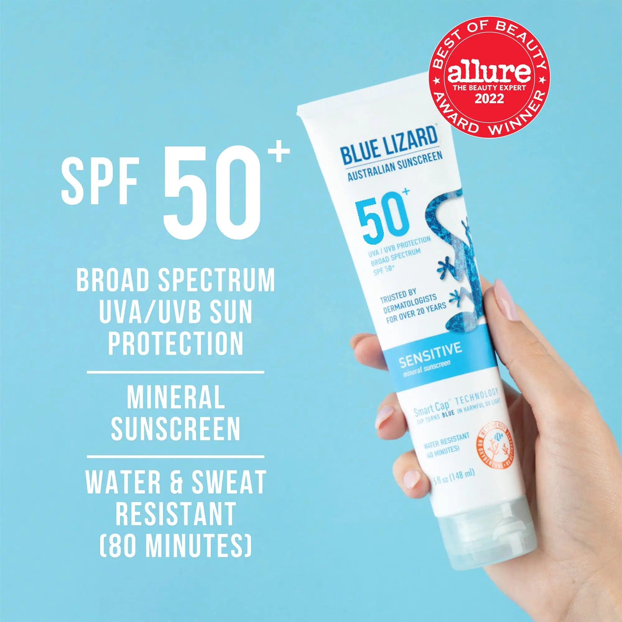 BLUE LIZARD Sensitive Mineral Sunscreen with Zinc Oxide 50+ Water Resistant UVAUVB Protection with Smart Cap Technology Fragrance Free, Sensitve, SPF 50 - - Tube, Unscented, 5 Fl Oz 5 Fl Oz (Pack of 1) - Evallys.com # #