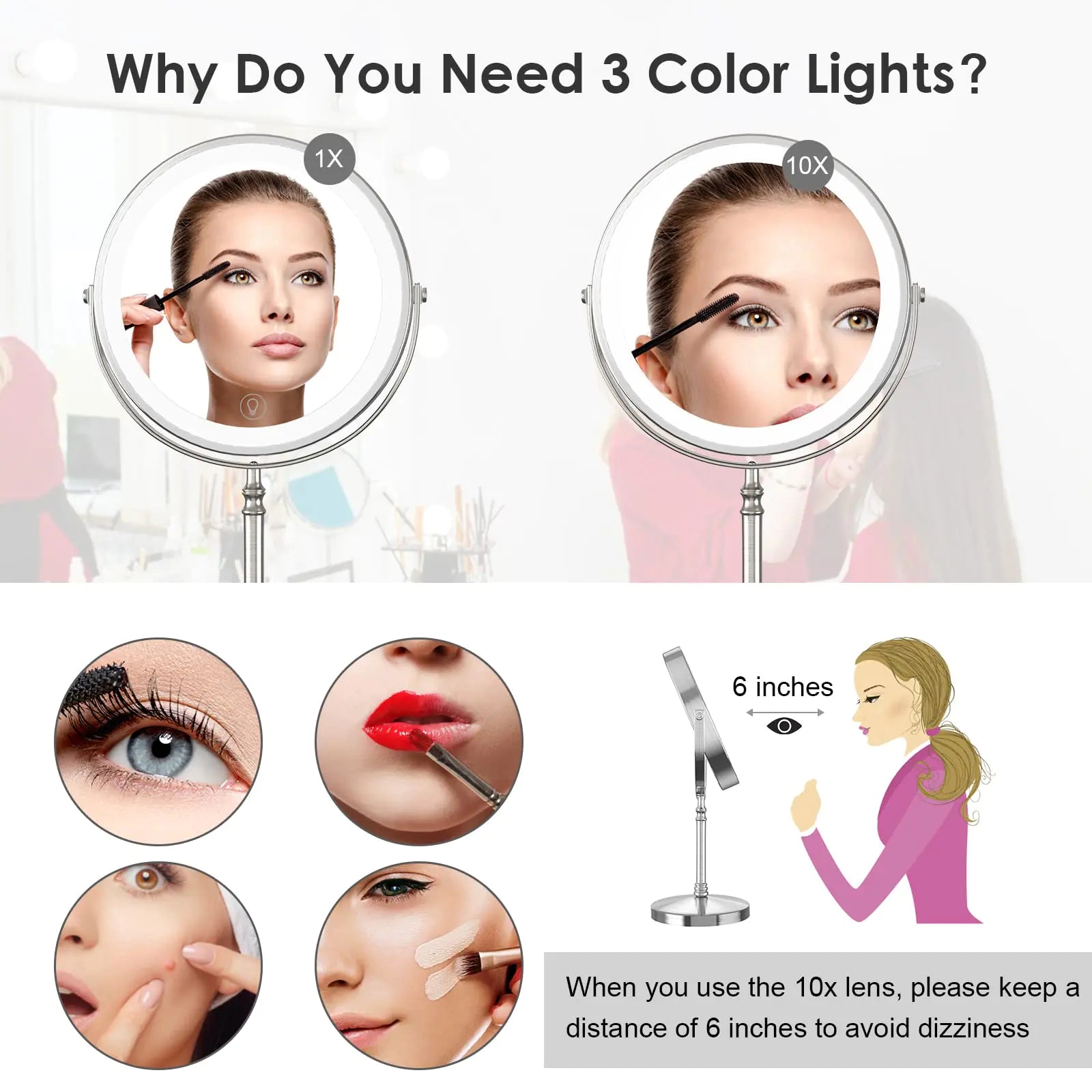 Lighted Makeup Mirror, 8" Rechargeable Double Sided Magnifying Mirror with 3 Colors, 1x/10x 360° Rotation Touch Screen Vanity Mirror, Brightness Adjustable Magnification Cosmetic Light up Mirror Nickel - Evallys.com # #