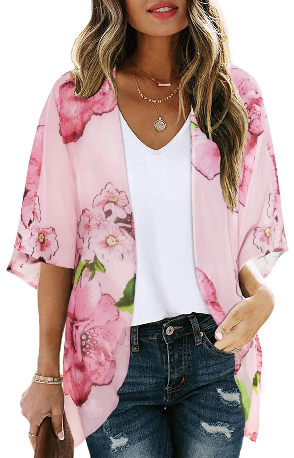 Women's Floral Print Puff Sleeve Kimono Cardigan Loose Cover Up Casual Blouse Tops Small Orange Black - Evallys.com