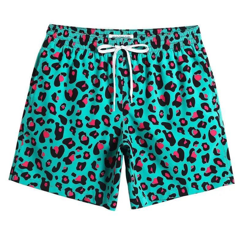 7 Inch Inseam Stretch Green Leopard Swim Trunks - Evallys.com # #