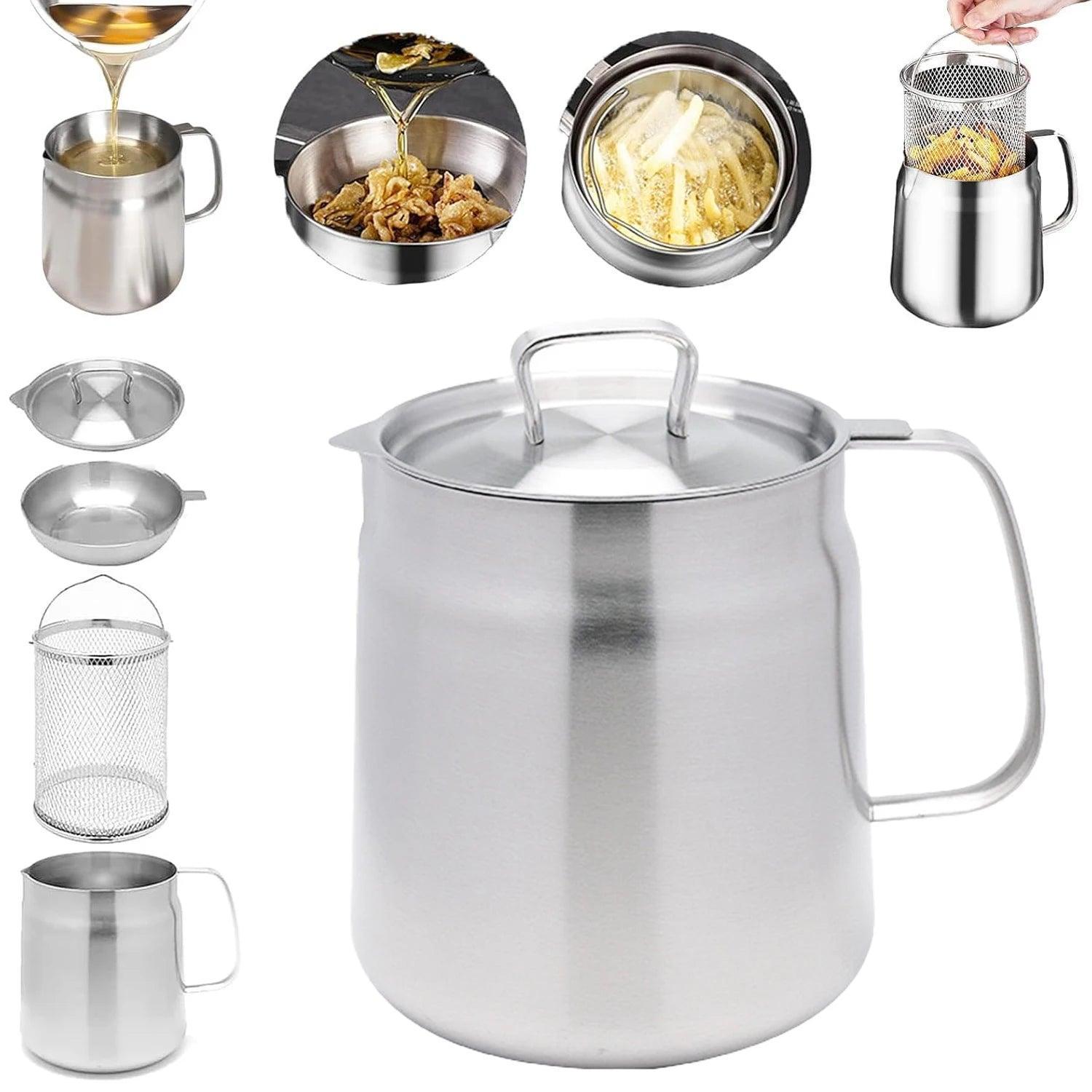 1.5L/ 2L Stainless Steel Oil Filter Deep Fryer Pot Oil Tank with Mesh Strainer Basket Household Leak-Proof Wine Pot Pouring Oil - Evallys.com # #