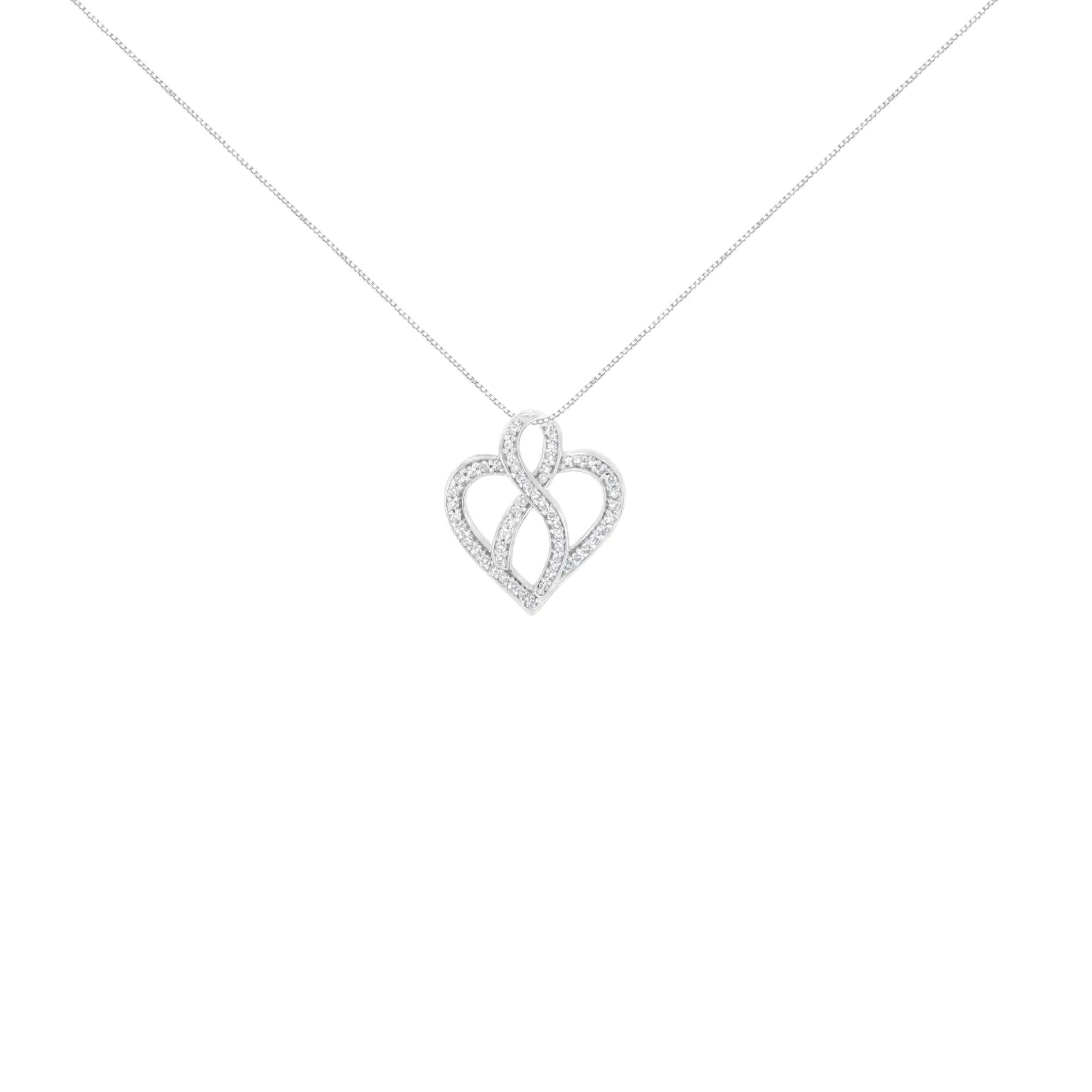 14K White Gold 1/4 cttw Round Cut Diamond Heart and Ribbon Center Pendant Necklace (H-I, I1-I2) - Evallys.com # #