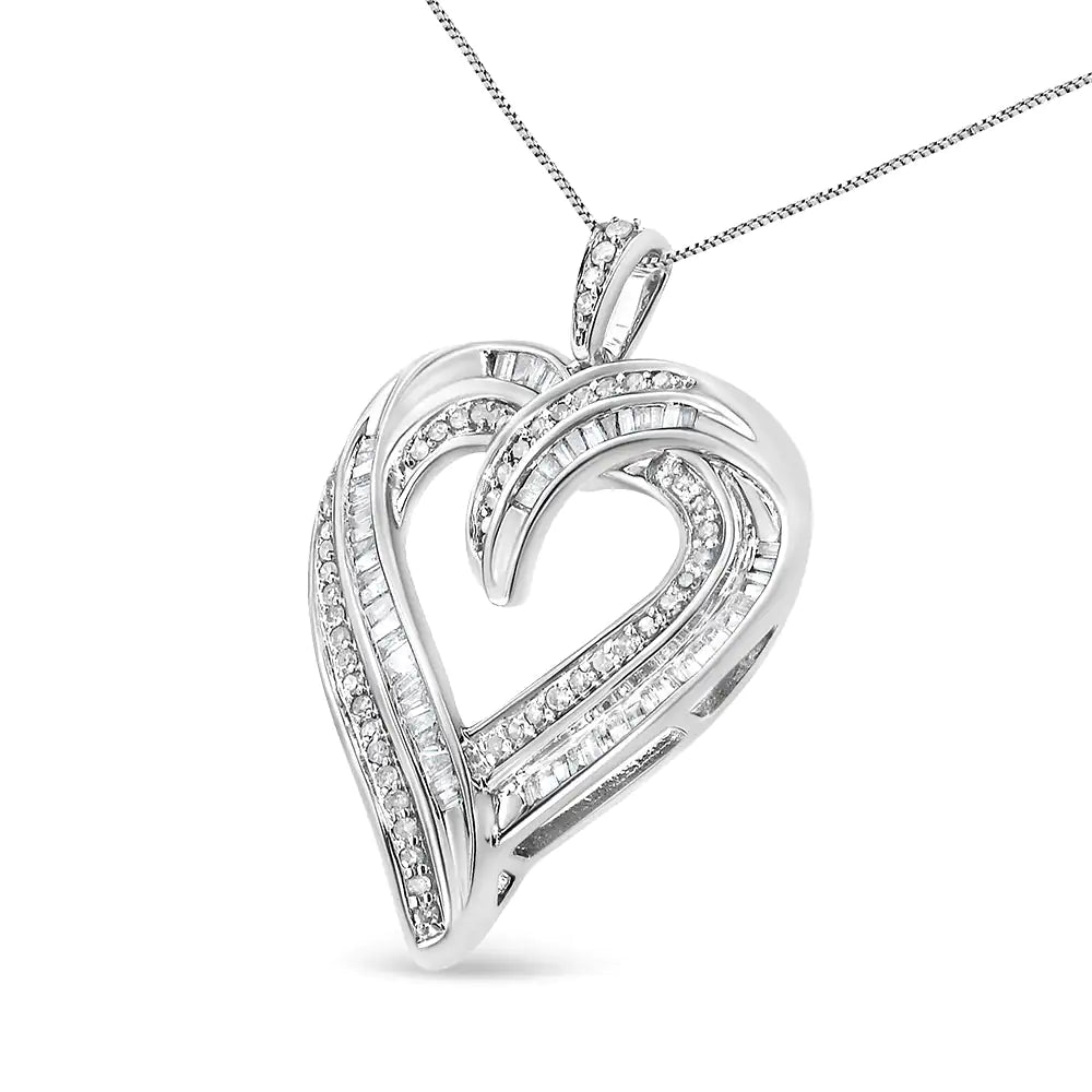 .925 Sterling Silver 3/4 Cttw Round and Baguette-Cut Diamond Open Heart 18" Pendant Necklace (I-J Color, I2-I3 Clarity) - Evallys.com # #