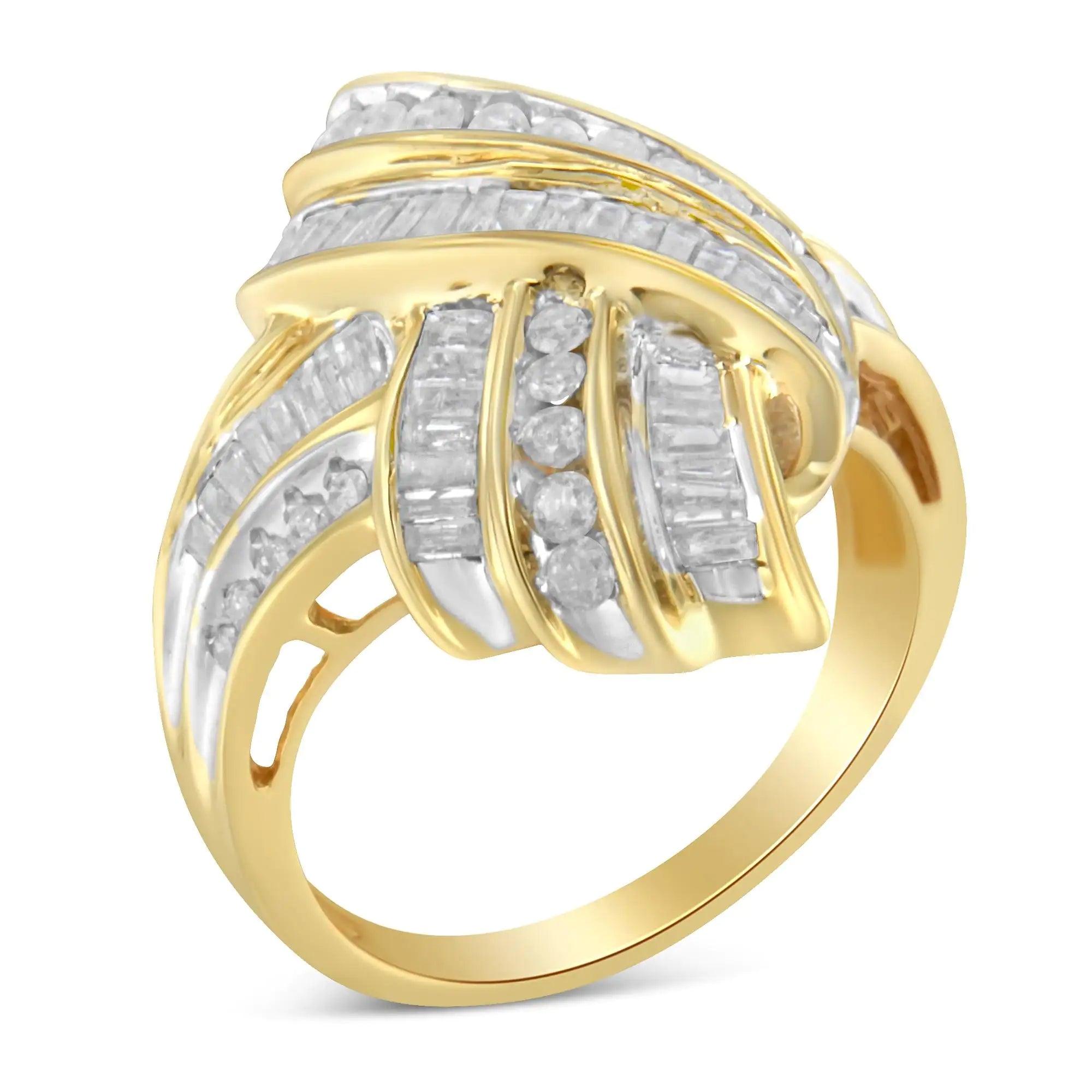 10K Yellow Gold Plated .925 Sterling Silver 1.0 Cttw Round & Baguette Diamond Knot Channel Statement Ring (I-J Color, I2-I3 Clarity) - Evallys.com # #