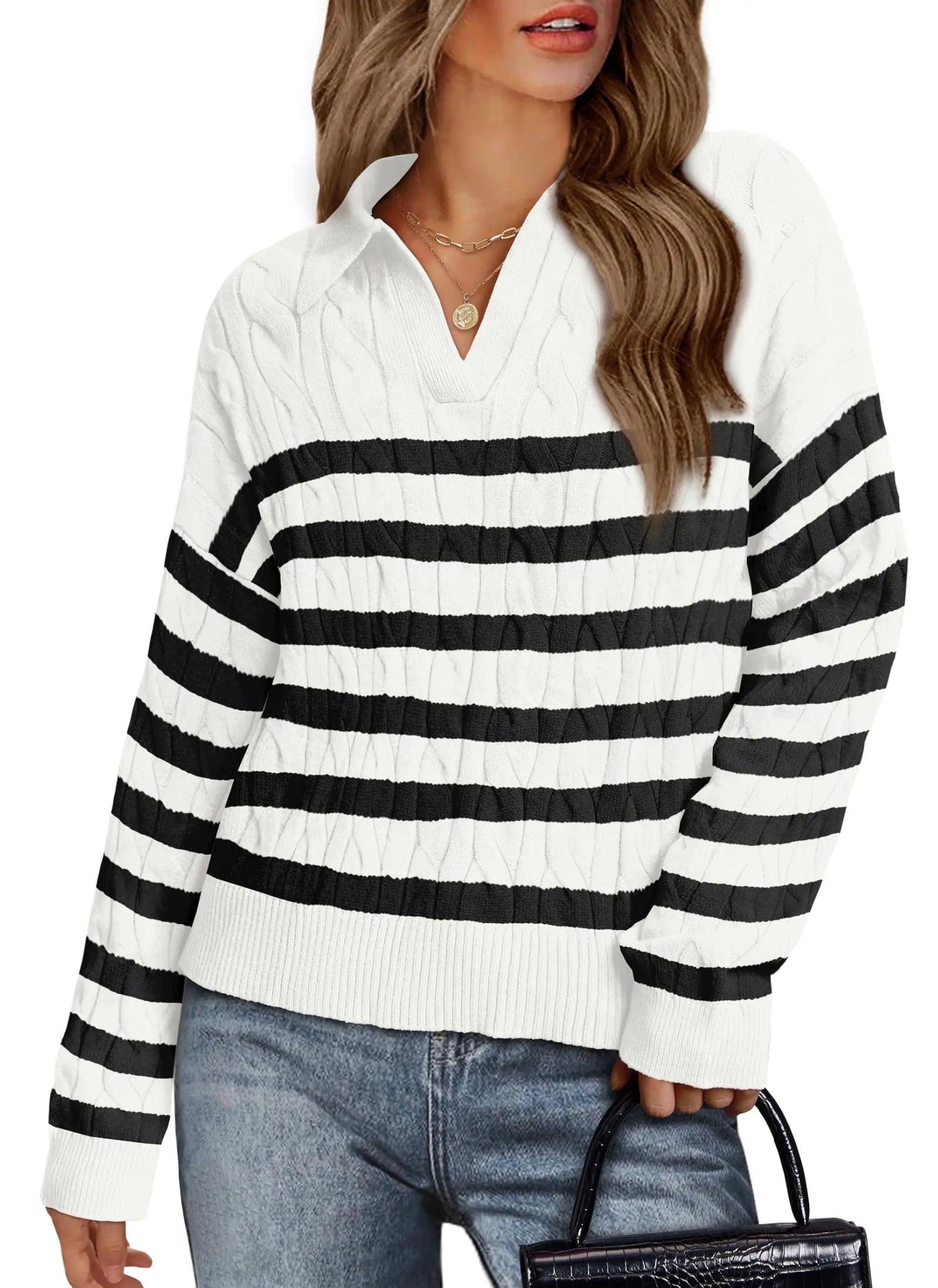 WIHOLL Long Sleeve Sweaters for Women 2024 Fall Winter Outfits Fashion Polo V Neck Clothes Tops 2-black Stripe XX-Large - Evallys.com # #