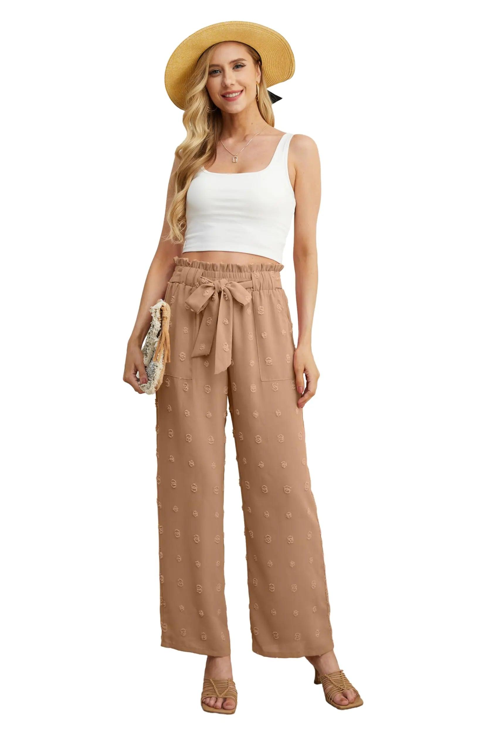 OLRIK Women's Casual Plus Size Pants High Waisted Self-tie Belted Lounge Pants Straight Long Trousers with Pockets 3X Th Khaki - Evallys.com # #