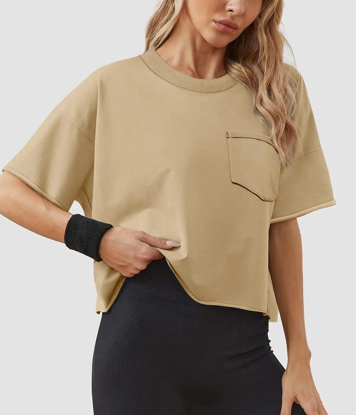 ATHMILE Womens Oversized T-Shirts Short Sleeve Workout Crop Tops Casual Drop Shoulder Boxy Roll Hem Basic Loose Tees Medium Lightkhaki - Evallys.com # #