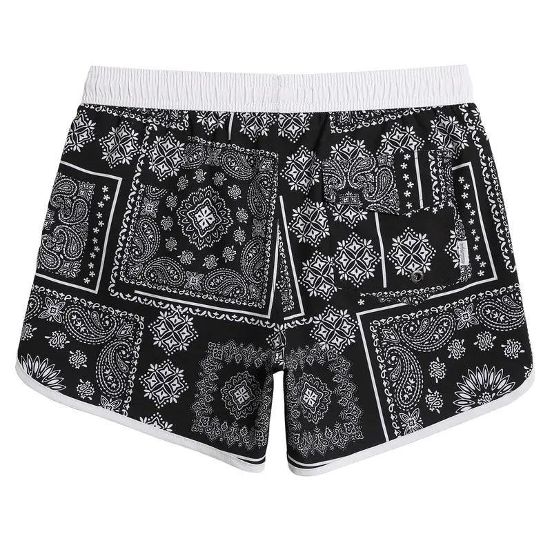 4.5 Inch Inseam Vintage Stretch Black White Persian Swim Trunks - Evallys.com # #