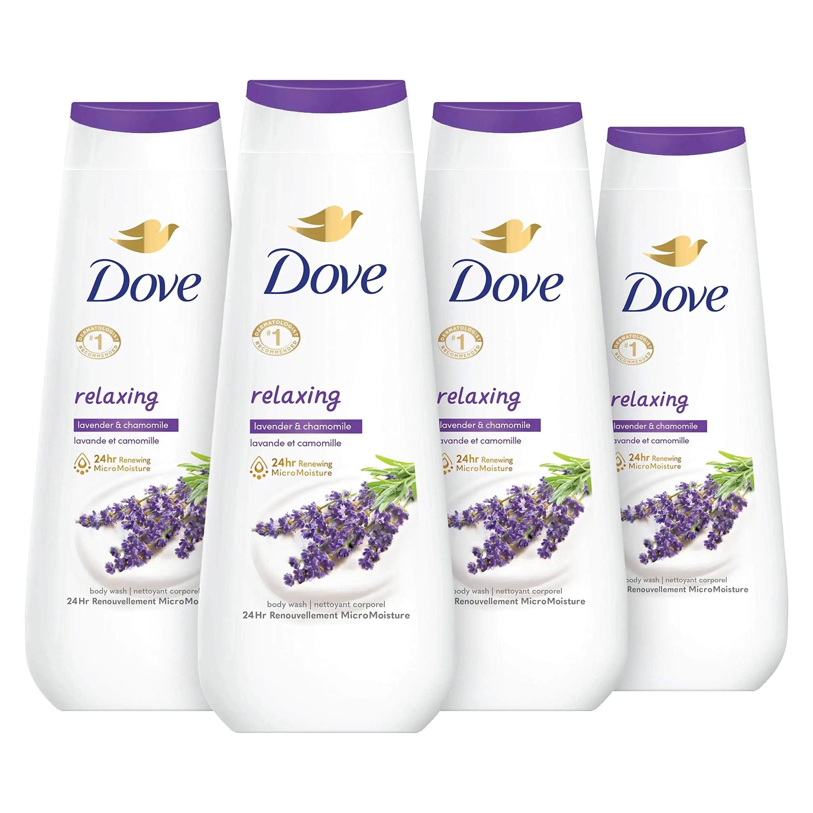 Dove Body Wash 4 Count Relaxing Lavender Oil & Chamomile for Renewed, Healthy-Looking Skin Gentle Skin Cleanser with 24hr Renewing MicroMoisture 20 oz Lavender Oil and Chamomile 20 Fl Oz (Pack of 4) - Evallys.com # #