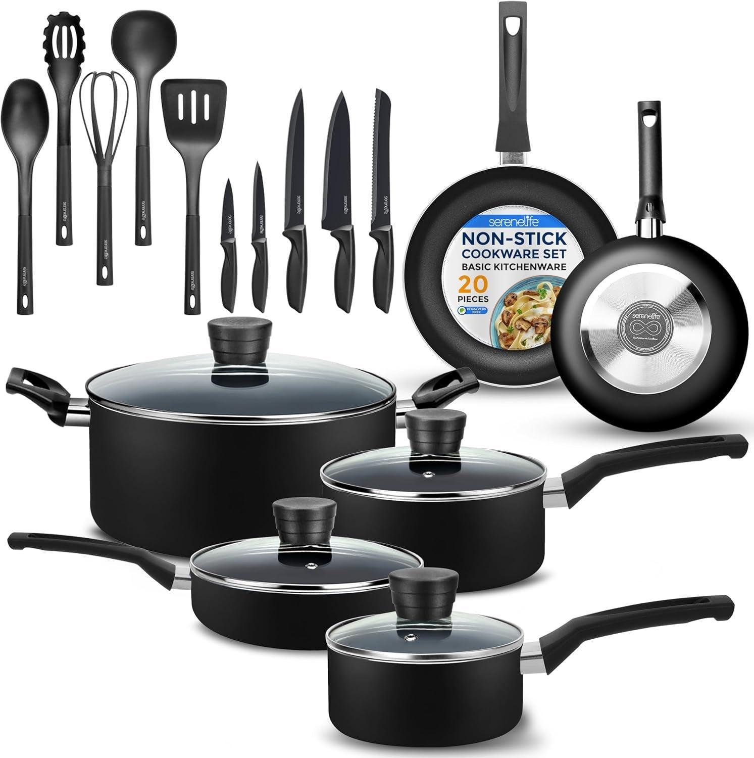 Serenelife Kitchenware Pots & Pans Basic Kitchen Cookware, Black Non-Stick Coating Inside, Heat Resistant Lacquer (20-Piece Set), One Size - Evallys.com # #