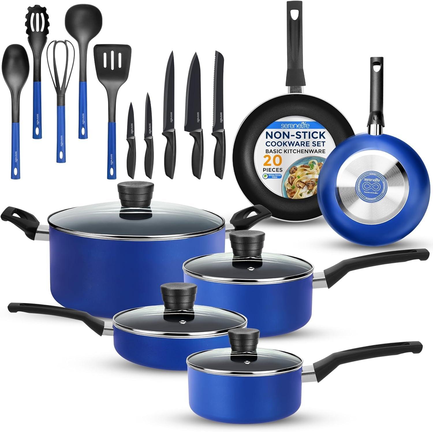 Serenelife Kitchenware Pots & Pans Basic Kitchen Cookware, Black Non-Stick Coating Inside, Heat Resistant Lacquer (20-Piece Set), One Size - Evallys.com # #