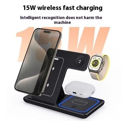 15W 3 In 1 LED Fast Wireless Charger Stand Foldable Charging Station For Smart Phone 15 14 13 12 11 IWatch 9 8 7 6 5 Airpods Pro - Evallys.com
