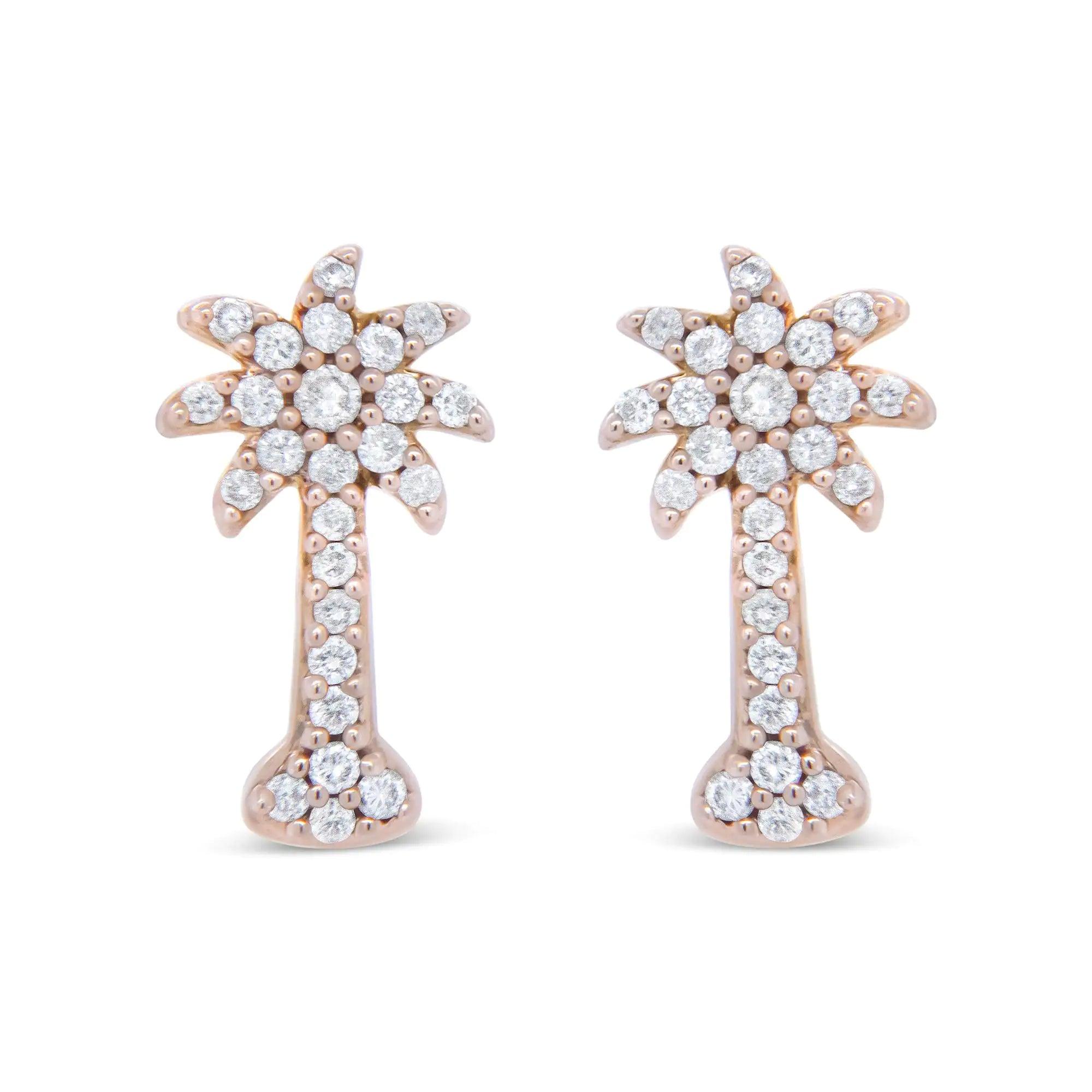 10K Rose Gold 1/4 Cttw Diamond Palm Tree Push Back Stud Earrings (H-I Color, I1-I2 Clarity) - Evallys.com # #